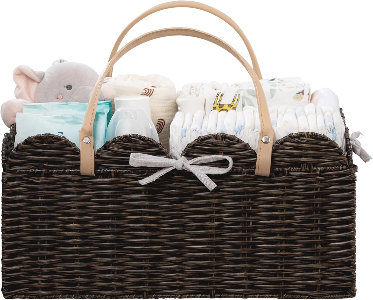 HBlife Baby Diaper Caddy Organizer, Large Portable Scalloped Plastic Wicker Woven Basket with Divider, Nursery Diaper Station, Baby Shower Gifts Basket, Car Organizer, Washable Waterproof