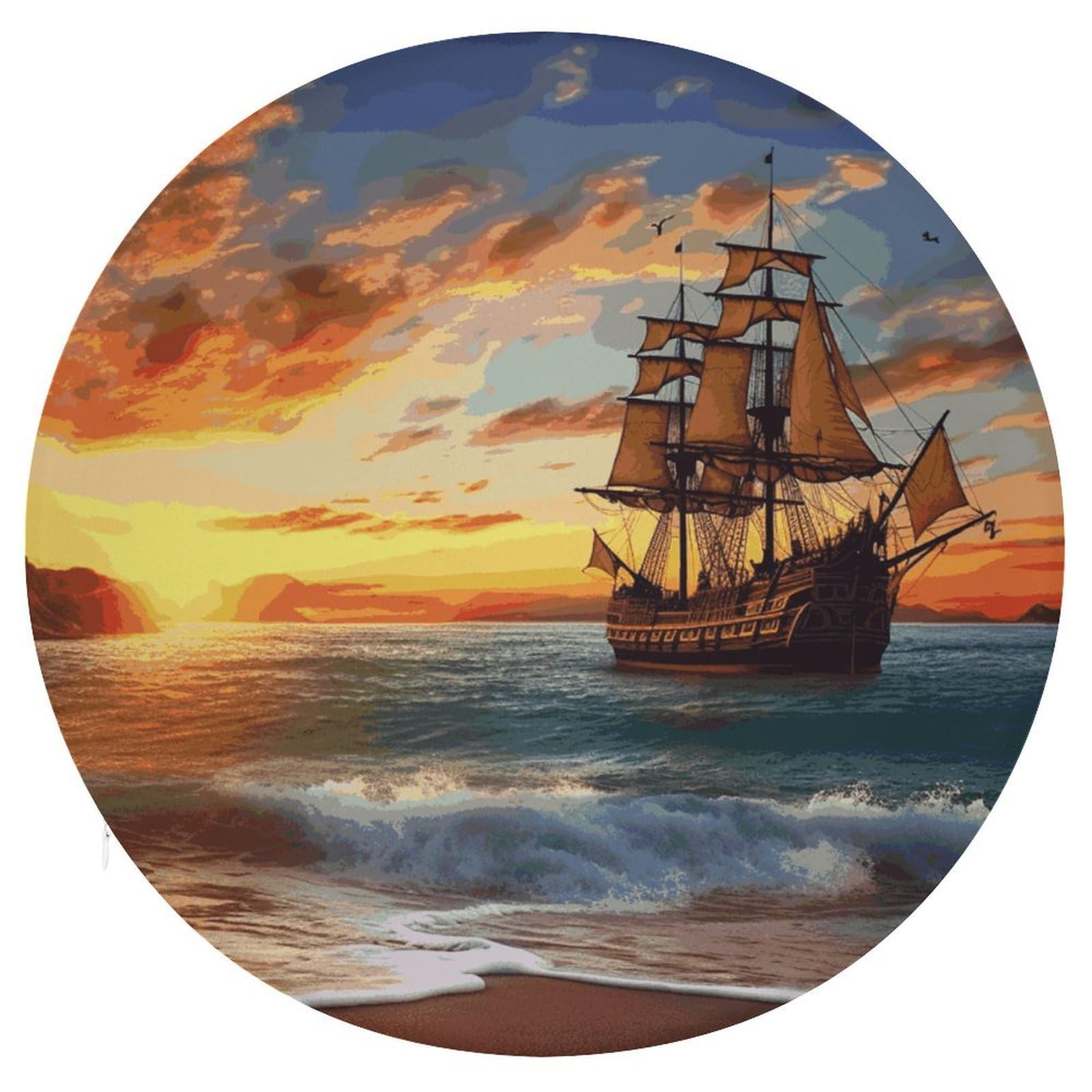 JTREHY Pirate Ship in The Sunset Cushion Soft Breathable Round Cushions Multi-Functional with Zipper Floor Pillows Cushion for Various Indoor Occasions Chair Pad