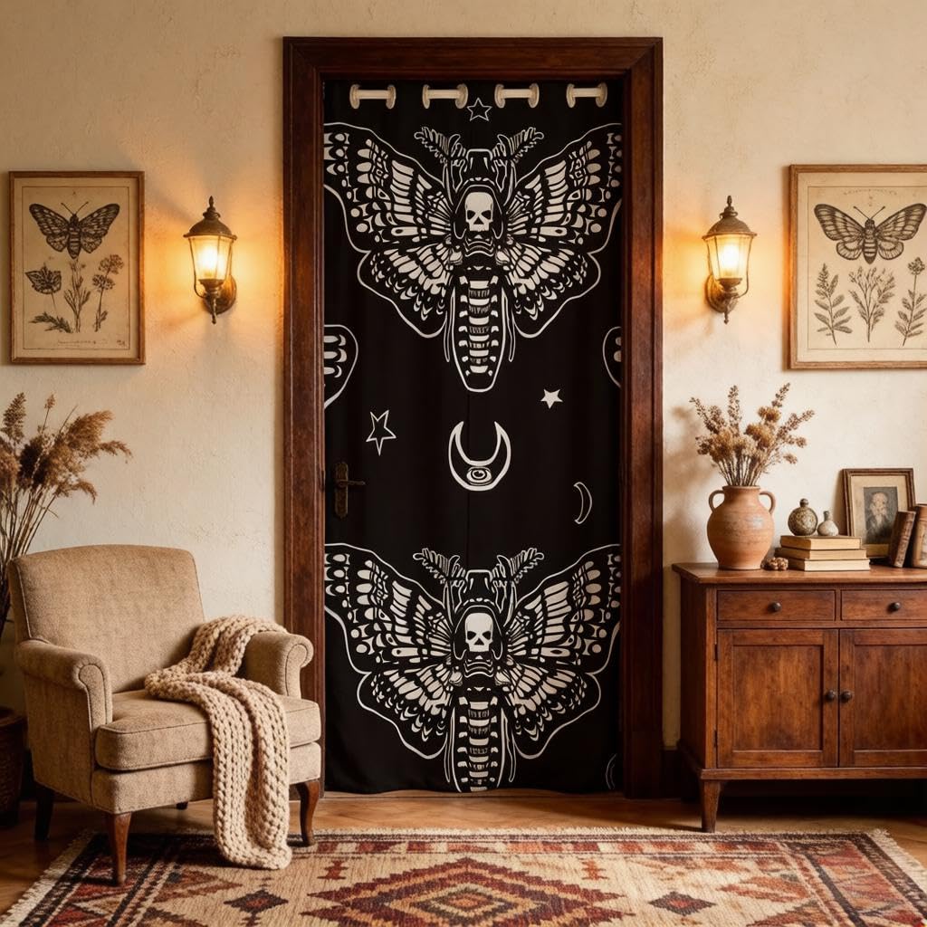 Loussiesd Boho Moon Star Skull Door Curtain, 80 Inch Insulated Thermal Privacy Curtain, 30%-50% Blackout, Multicolored 30, W 33.9" x L 79.9" (1 Panels), Kitchen, Bedroom, Living Room, Dorm Room