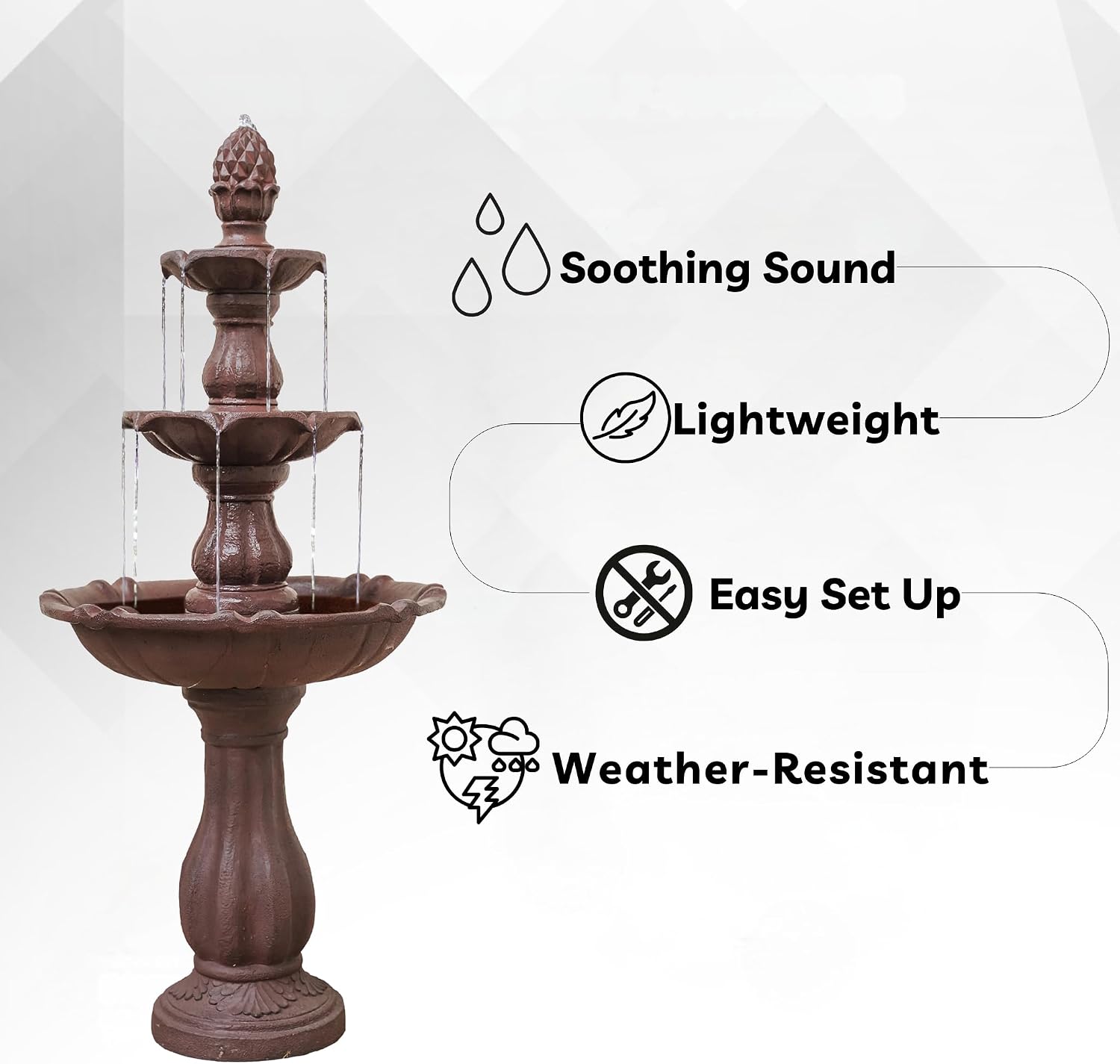 XBrand 51" 3-Tier Outdoor Waterfall Fountain, Weather-Resistant Resin Freestanding Water Feature with Pump, Brown