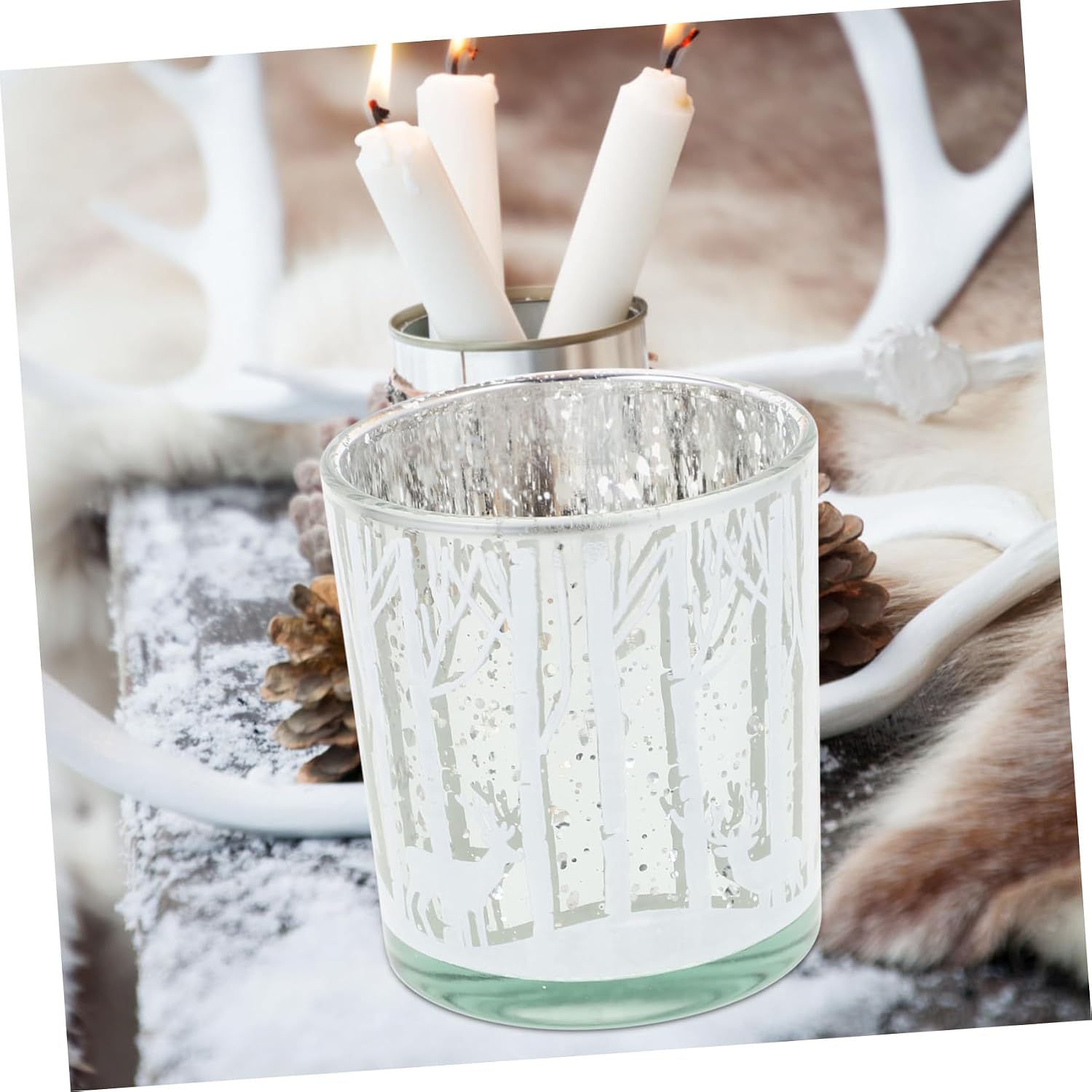 Yardwe 2pcs Christmas Glass Candle Holders Xmas Tree and Reindeer Decorative Candlestick Set Silver Tabletop Candle Stand for Holiday Party Décor
