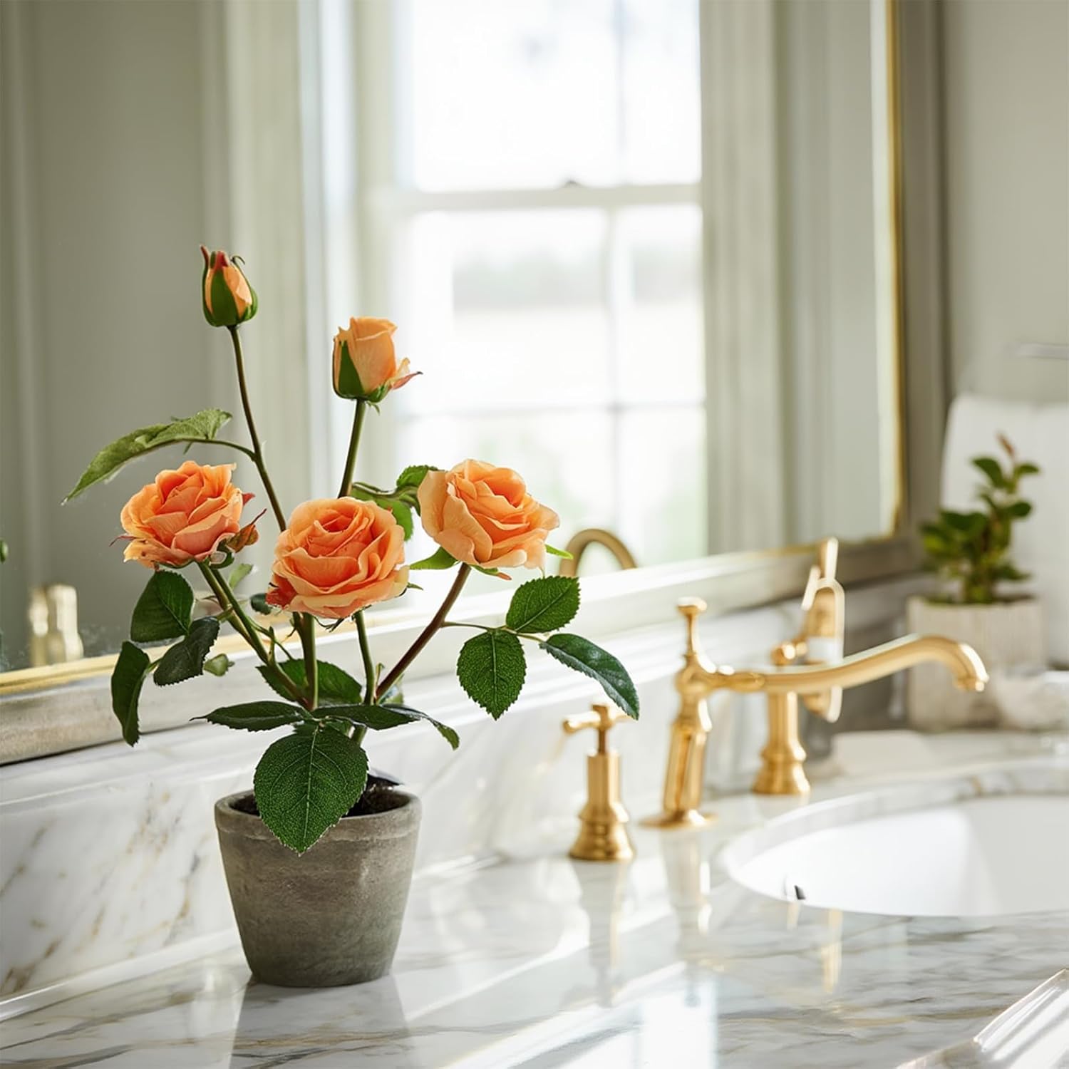 Rose in Pot Decor Potted Artificial Flowers Mini Plants Faux Flowers Indoor Small Decor Fake Roses for Home, Bathroom, Kitchen, Offices, Wedding Party Centerpieces (Rose Yellow)