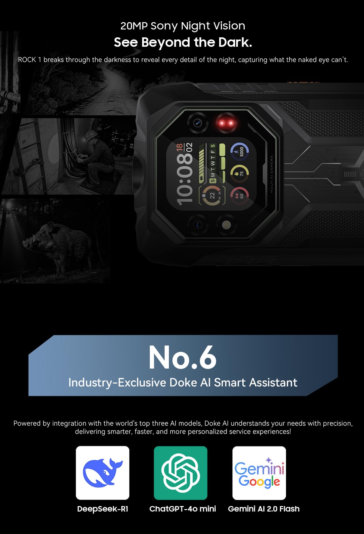 Blackview Rock 1 Smartphone Incassable Android 16, Double Écran 6.56'' +2'', Batterie 15000mAh, 24GB+256GB, LED 120LM, Caméra Vision Nocturne 20MP, Téléphone Robuste Étanche IP68, Gemini AI, NFC GPS