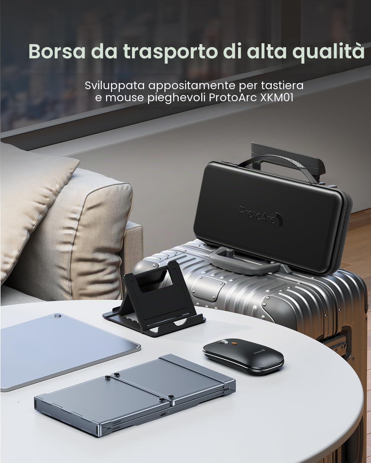 ProtoArc XKM01 - Set tastiera e mouse pieghevole, QWERTZ, 2,4 G + Dual Bluetooth | Full Size 105 Tasti con Blocco Numerico Ricaricabile con Custodia Rigida e Supporto per iPad/Tablet/Laptop/iPhone