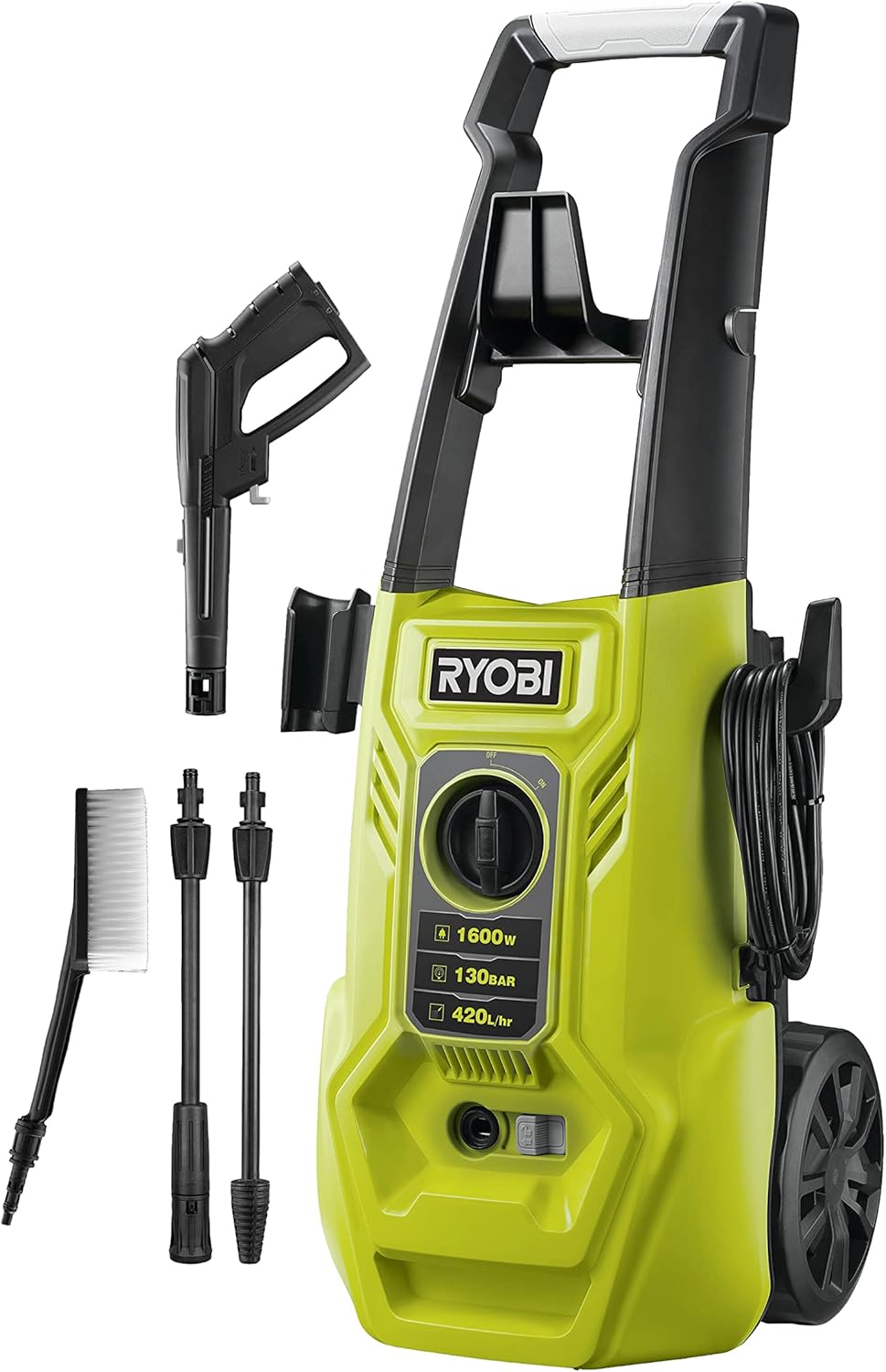 Ryobi RY130PWA Idropulitrice 1600W 130 bar, Batteria Non Inclusa, Batteria 18V ONE+ Non Inclusa, Leggera e Compatta, con Maniglia per il Trasporto, Portata Massima di 420 L/h, 1600W