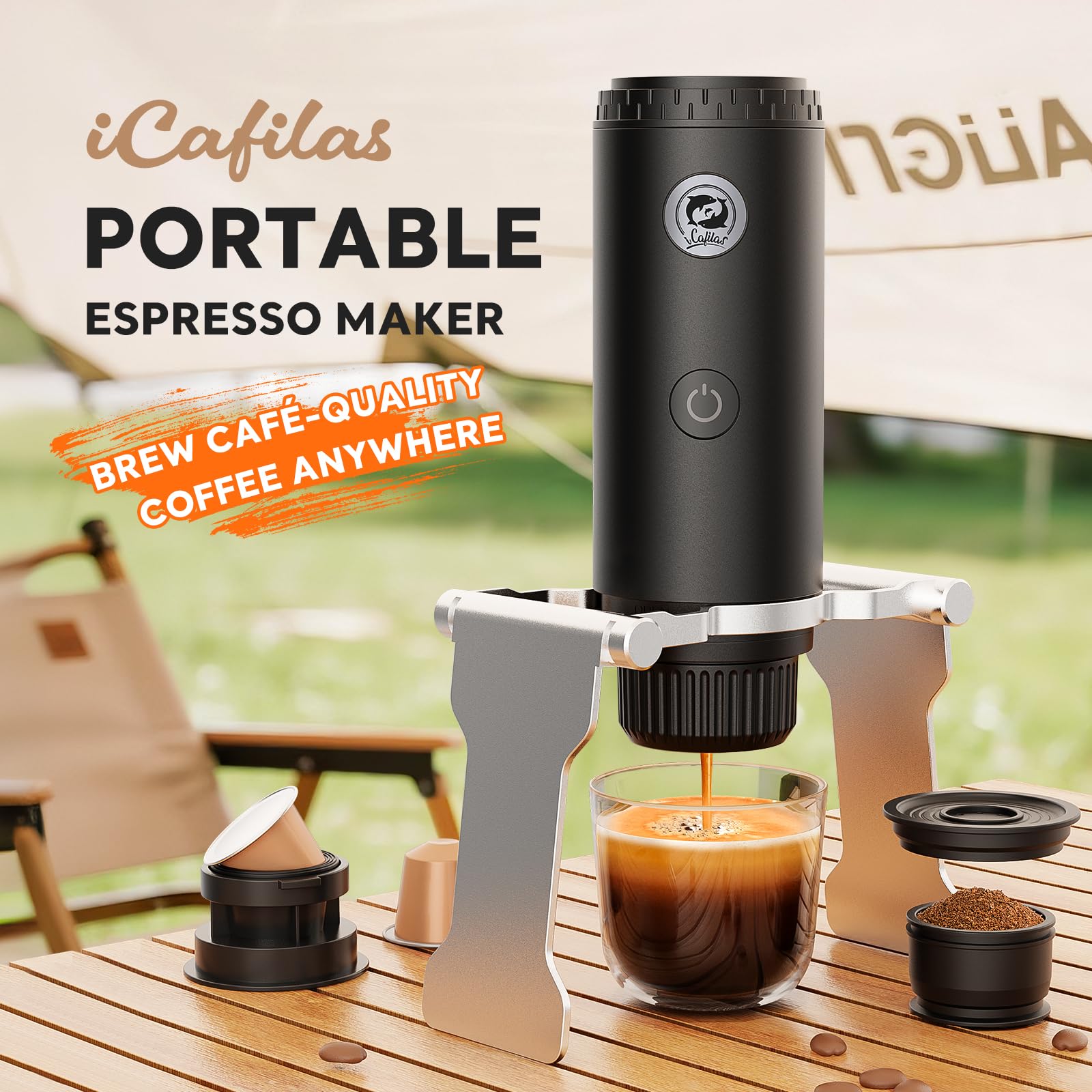 Cafetera espresso portátil con autocalentamiento, cafetera eléctrica de viaje de 19 bares para campamento y coche, mini máquina de espresso 2 en 1 compatible con cápsulas Nespresso y café molido