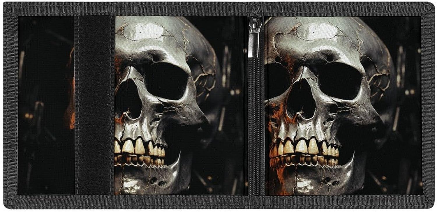 Trifold Canvas Wallet with Keychain, Modern Fashion Credit Card Holder Wallet for Men Women, Eerie Scary Skull Slim Wallets W/Zipper Coin Pocket, Novelty Birthday Gift