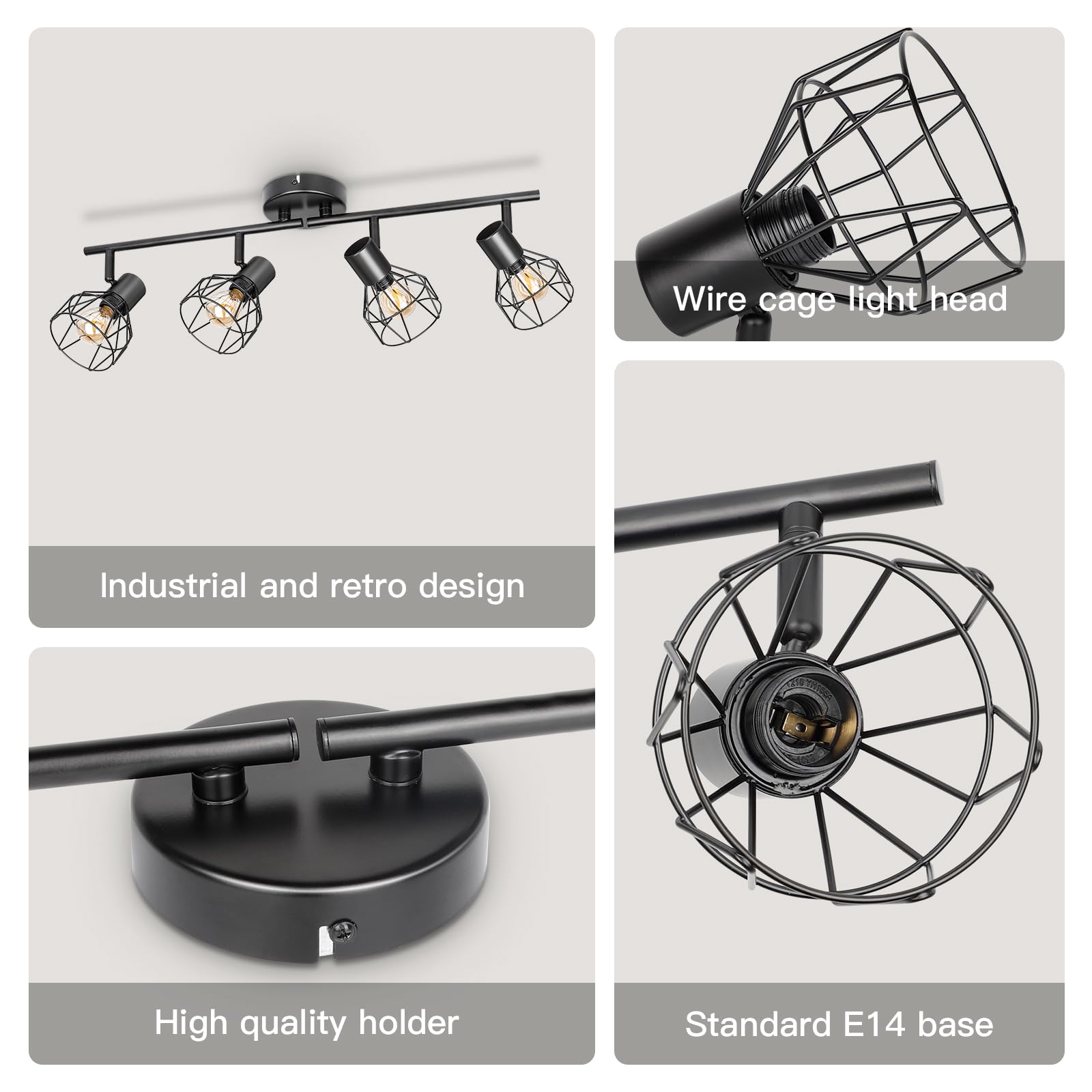 Faretti da Soffitto con 4 Faretti Orientabili, Lampada da Soffitto Led Moderno Industriale in Metallo Nero, Luci da Soffitto per Soggiorno Corridoio, Lampadine E14 non Incluse Max. 40W