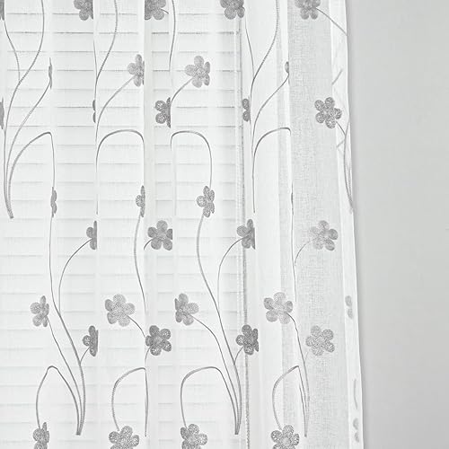 Miniatura 5 de Leeva Sheer Curtain Panels for Kids' Room, Embroidered Floral 96 Inch Long Semi Sheer Privacy Nature Linen Blend Drape, 2 Panels, Grey