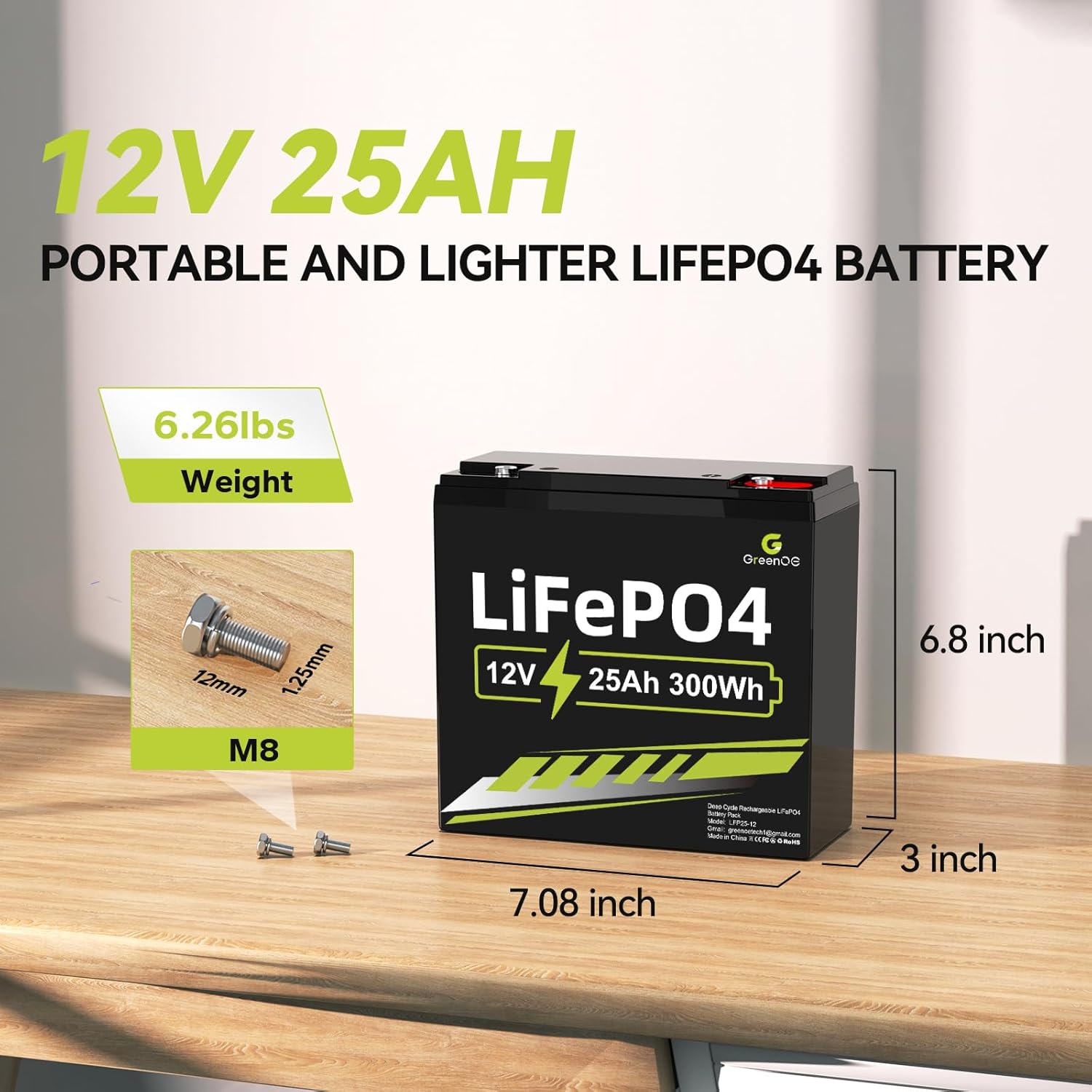 12V 25Ah Lithium LiFePO4 Deep Cycle Battery, 3000+ Cycles Lithium Iron Phosphate Rechargeable Battery for Scooter, RV/Outdoor Camping