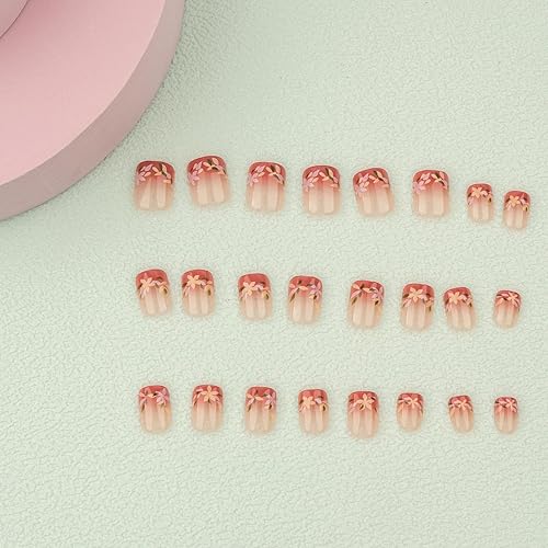 Miniatura 5 de Uñas postizas cuadradas cortas con diseños de flores simples, uñas postizas de verano, uñas postizas de cobertura completa, acrílicas, nude, uñas