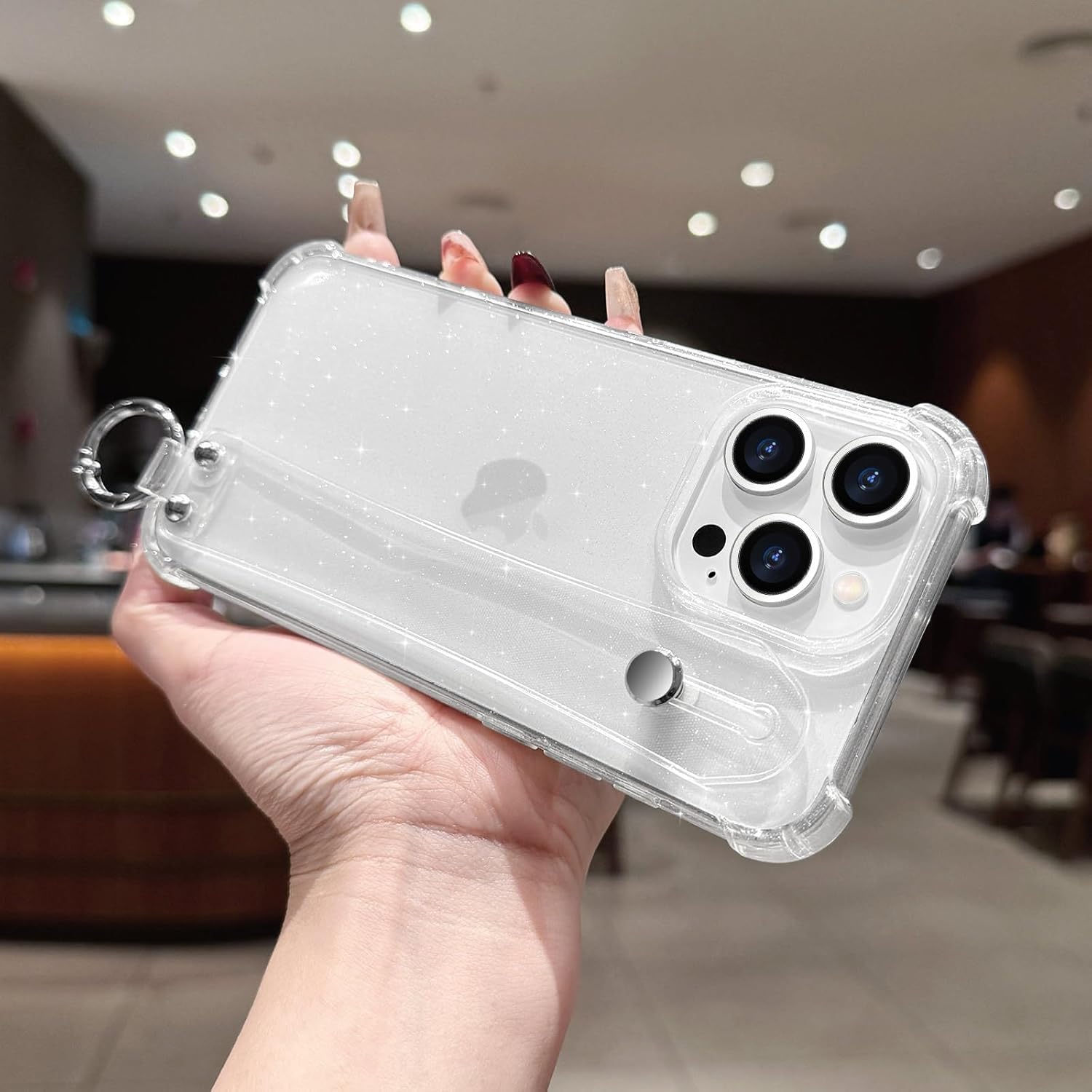 for iPhone 15 Pro Case Clear Glitter with Strap, Soft Silicone Back Cover, Adjustable Hand Strap for Women Girls Sparkle Bling TPU Protective Phone Case for iPhone 15 Pro 6.1", Clear - Image 2