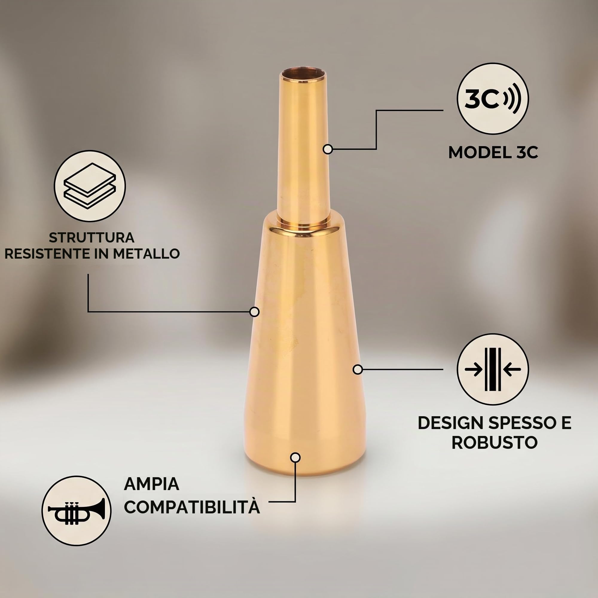 VGEBY Bocchino per Tromba, Strumento per Bocchino per Tromba per Impieghi Gravosi in Metallo di Dimensioni 3C(Oro)