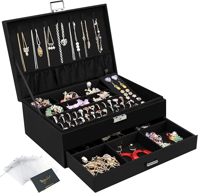 Jewellery Box, Large Jewellery Organiser with Drawer and Lock, 2 Layers Velvet Jewelry Storage Case, Jewellery Storage Case for Necklaces Earrings Bracelets and Rings, Black