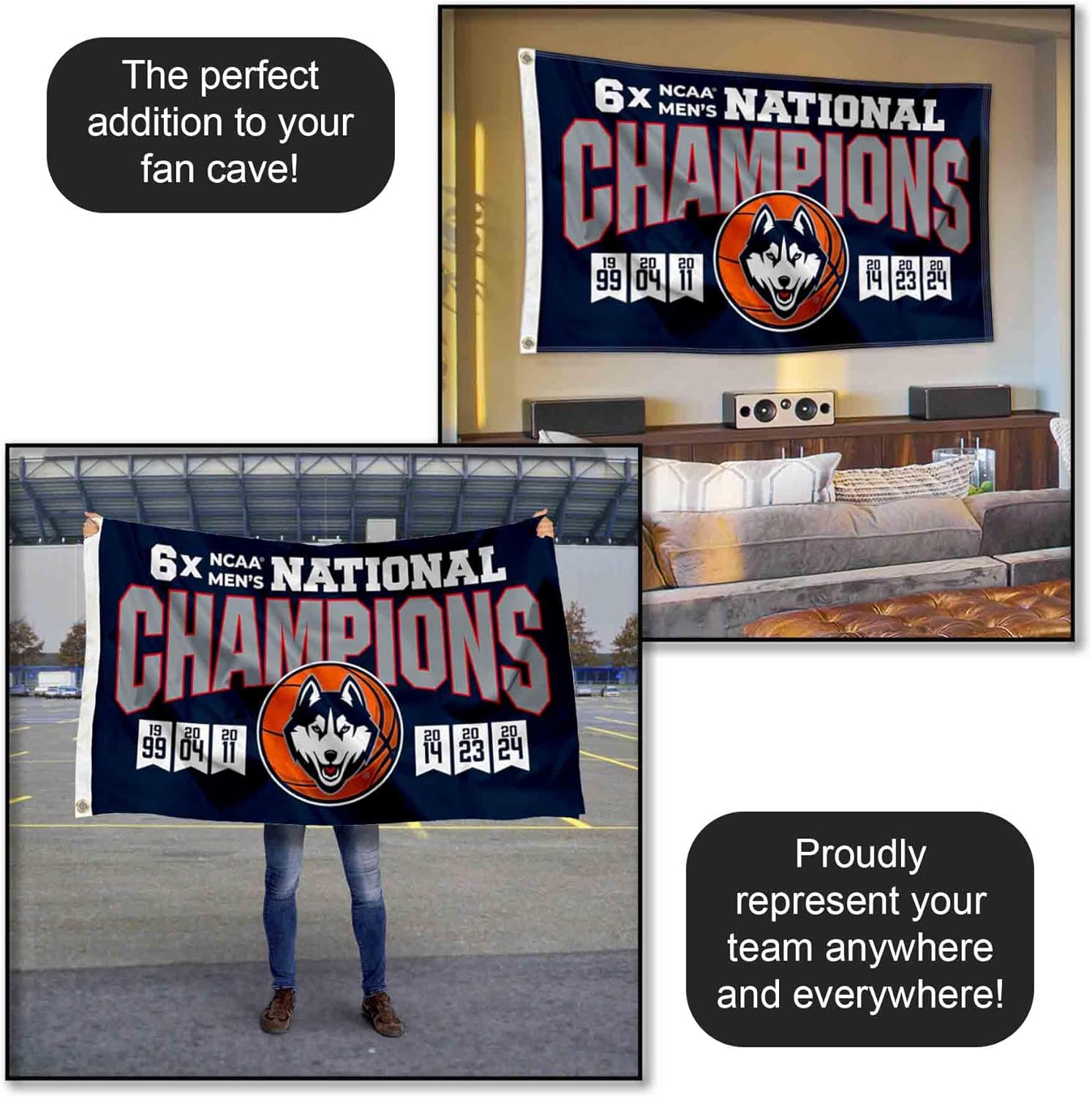 College Flags & Banners Co. Connecticut Huskies 6X Time Basketball National Champions Banner Flag