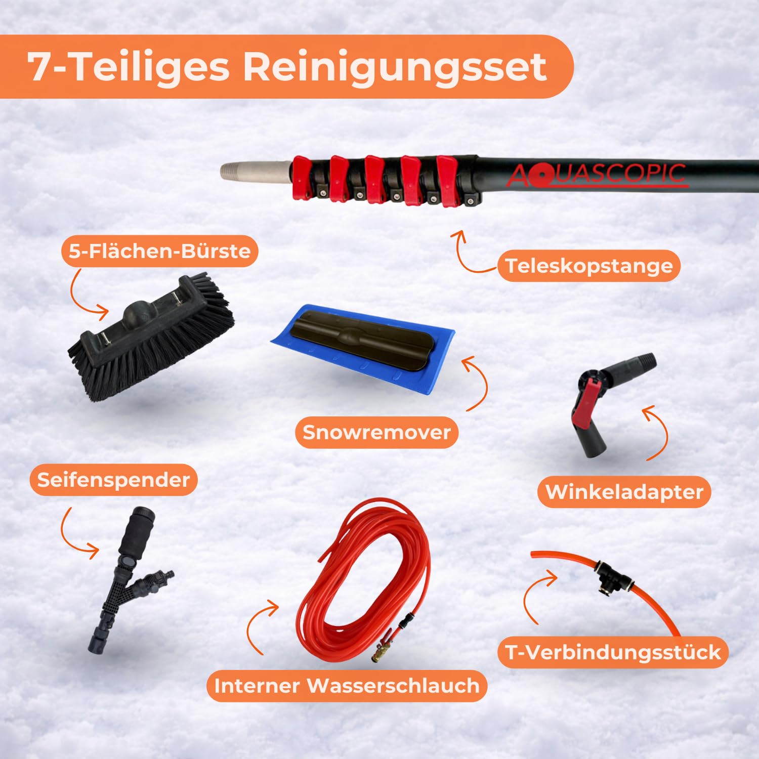 Aquascopic Aluminium Teleskopstange 8 m mit Schneeräumer & 5-Flächenbürste – Profi Set für sichere Schnee- & Schmutzentfernung auf Solaranlagen, Fenstern, Fassaden & Dächern