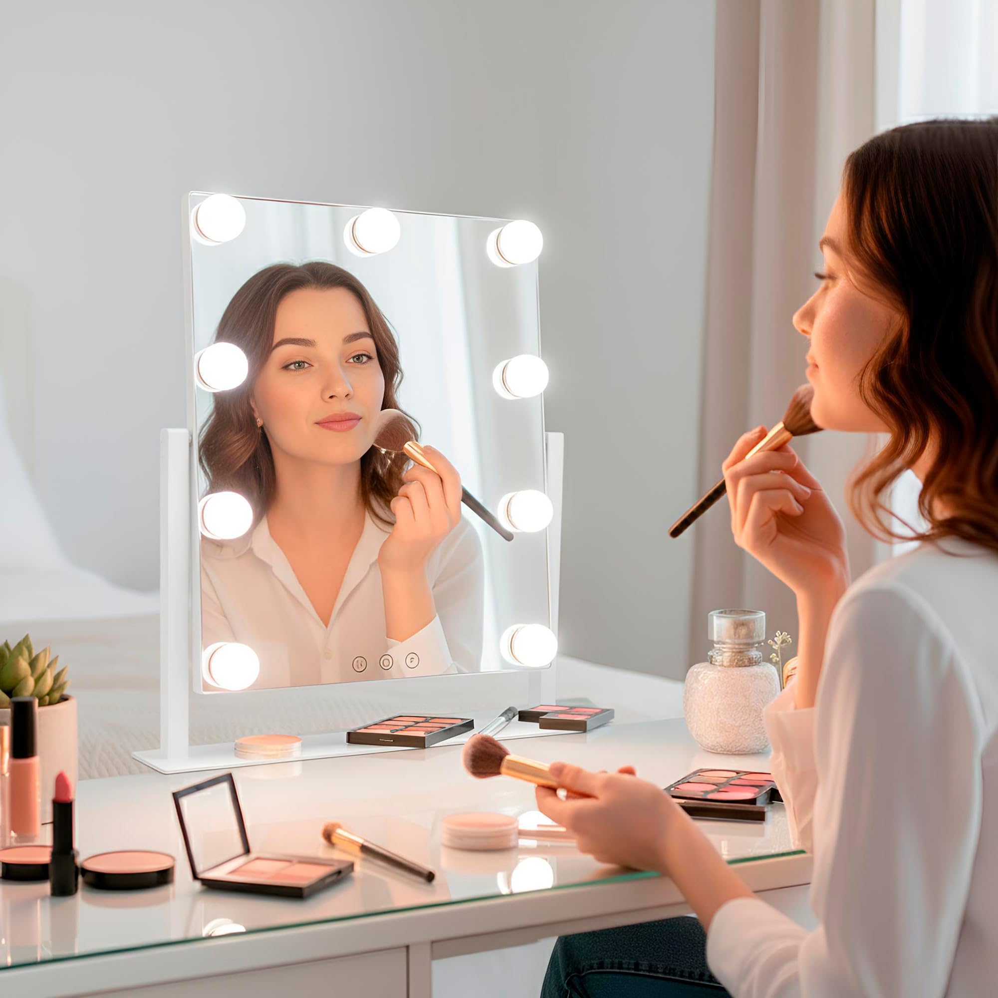 Imagen del producto: Redlemon Espejo con Luz para Makeup Grande Hollywood Vintage (30x36cm), Espejo para Maquillaje con 9 Focos LED Regulables de Luz Blanca, Cálida y Neutra, Conexión USB-C, Soporte Ajustable 360°