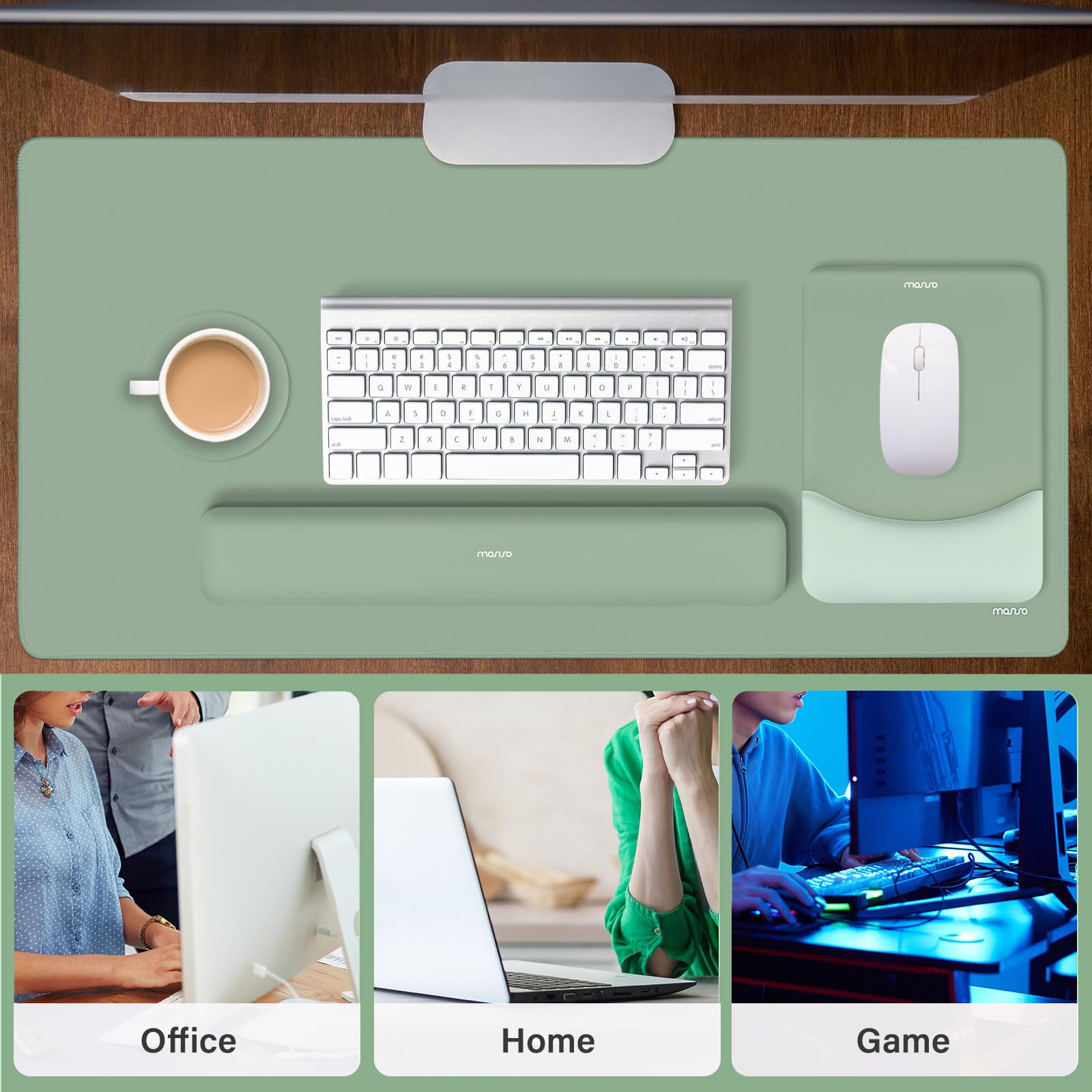 MOSISO Juego Alfombrilla Ratón Teclado,Ayuda Ratón Juego&Muñequera Rectangular Teclado&Mousepad con Muñequero&Coaster,Mousepad Ergonomía Non-Slip&Easy Typing Pad con Memory Foam Curvado,Verde Antiguo