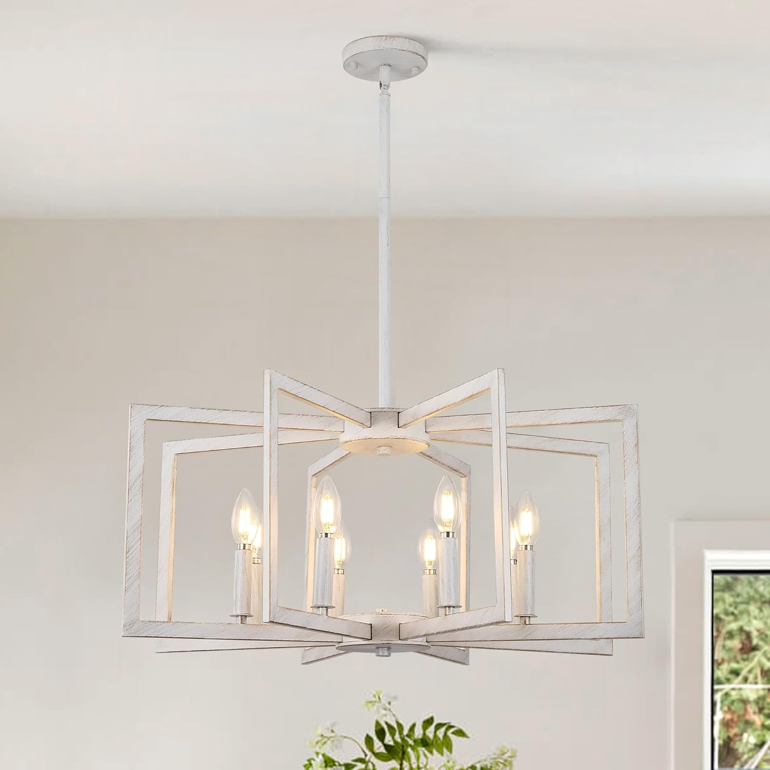8-Light Antique White Farmhouse Chandeliers for Dining Room, Large French Country Chandelier, Rustic Iron Cage Hanging Light Fixture for Kitchen Island Foyer Living Room Bedroom Staircase