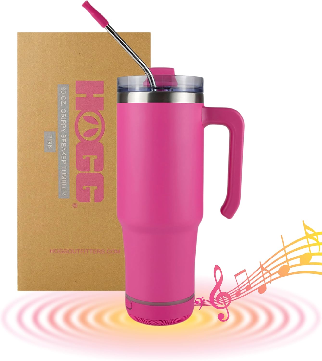 Hogg Bluetooth Tumbler 30 oz Grippy - Pink, Bluetooth Speaker Cup, 30 oz Stainless Steel Tumbler with Handle, Pink Cup with Speaker, Insulated Water Bottle, Gifts for Music Lovers, Unique Gifts