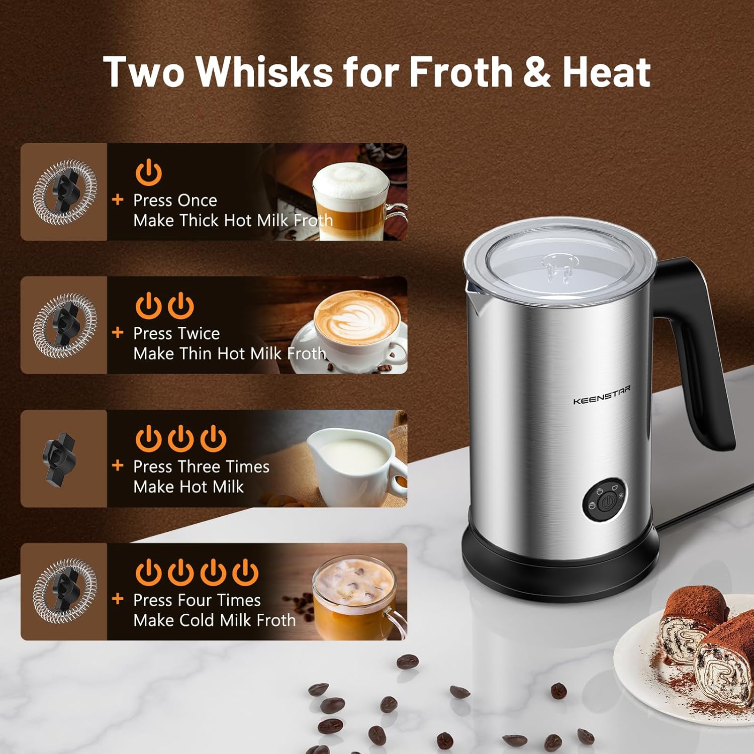 Milk Frother, 4-in-1 Milk Frother and Steamer, Electric Milk Steamer with Keep Warm Function, Auto Warm and Cold Foam Maker for Coffee, Latte, Cappuccino, Macchiato, Hot Chocolate