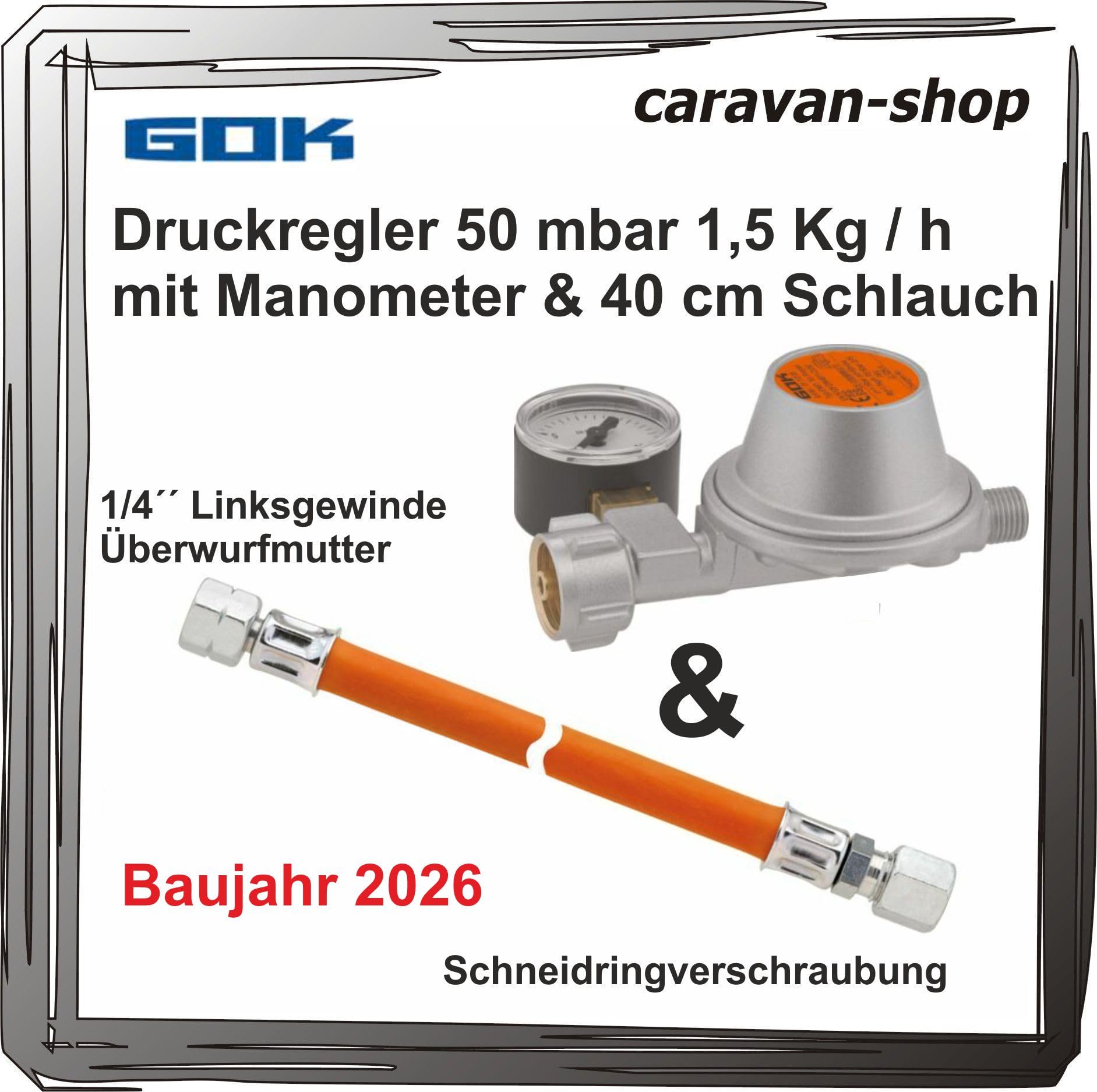 Druckregler für Caravan Wohnmobil 50 mbar Manometer + Schlauch 40cm Propan Gas