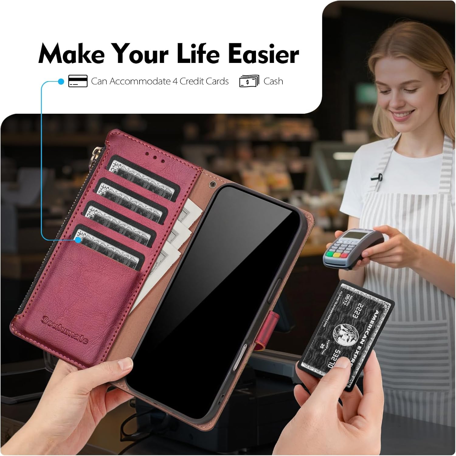 Compatible with iPhone 17 Wallet Case with Card Holder RFID Blocking Zipper Poket PU Leather Flip Phone Case with Wrist Strap Credit Card Slots Men Women,for Apple 17 6.3",Wine Red - Image 5