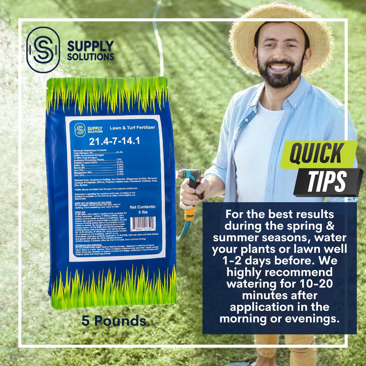 Supply Solutions 21.4-7-14.1 Lawn and Turf Fertilizer with Iron - Achieves a Lush Green Lawn in Weeks - Turf Builder for All Grass Types - for Greener Grass Fertilizer (5lbs)
