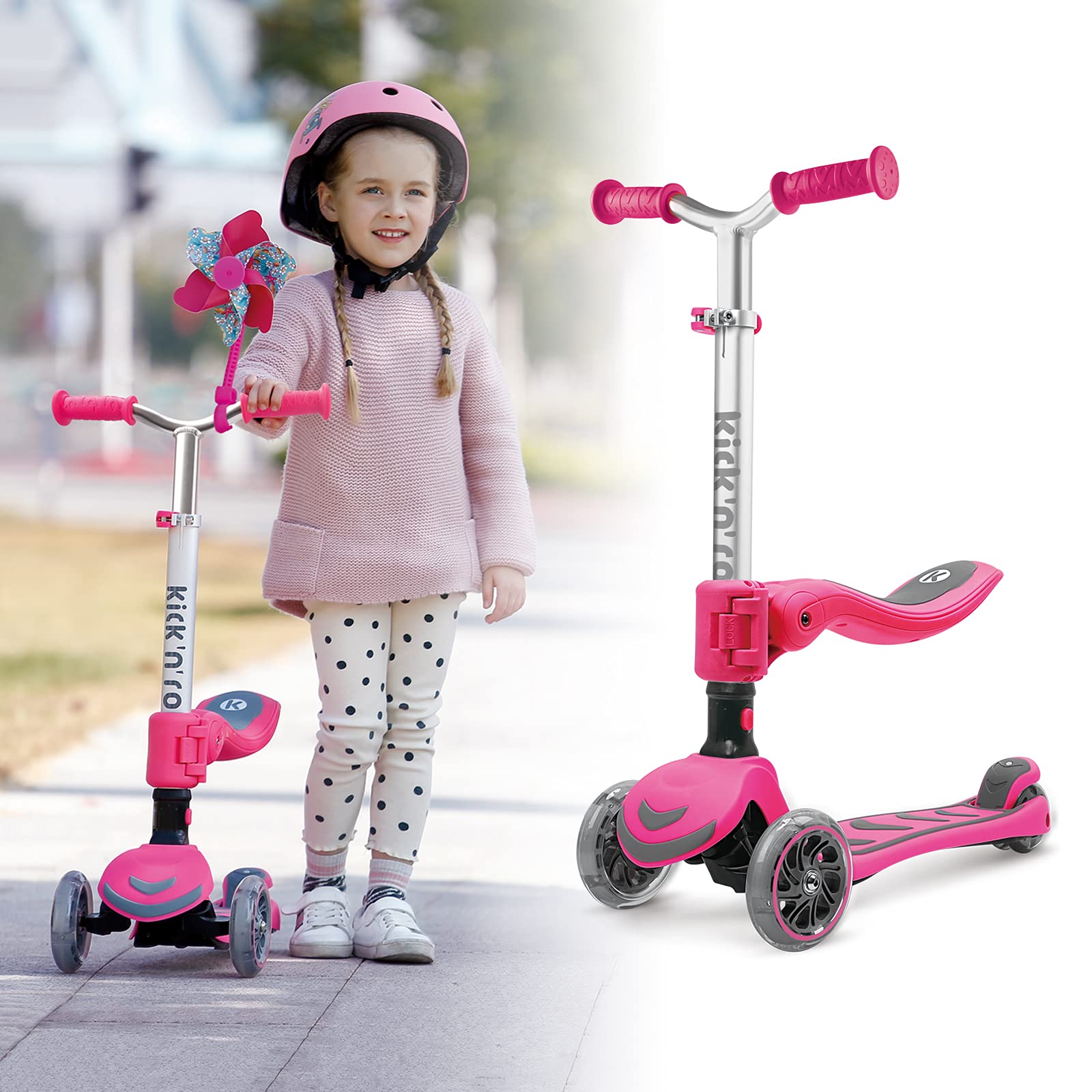 Kicknroll Patinete de 3 Ruedas Luminoso para Niños sin/con Asiento, 4 de Altura Ajustable y Patinete Plegable, Cubierta Extra Ancha, Scooer para Niños Niñas de 2 a 12 Años Soporte de 50 kg