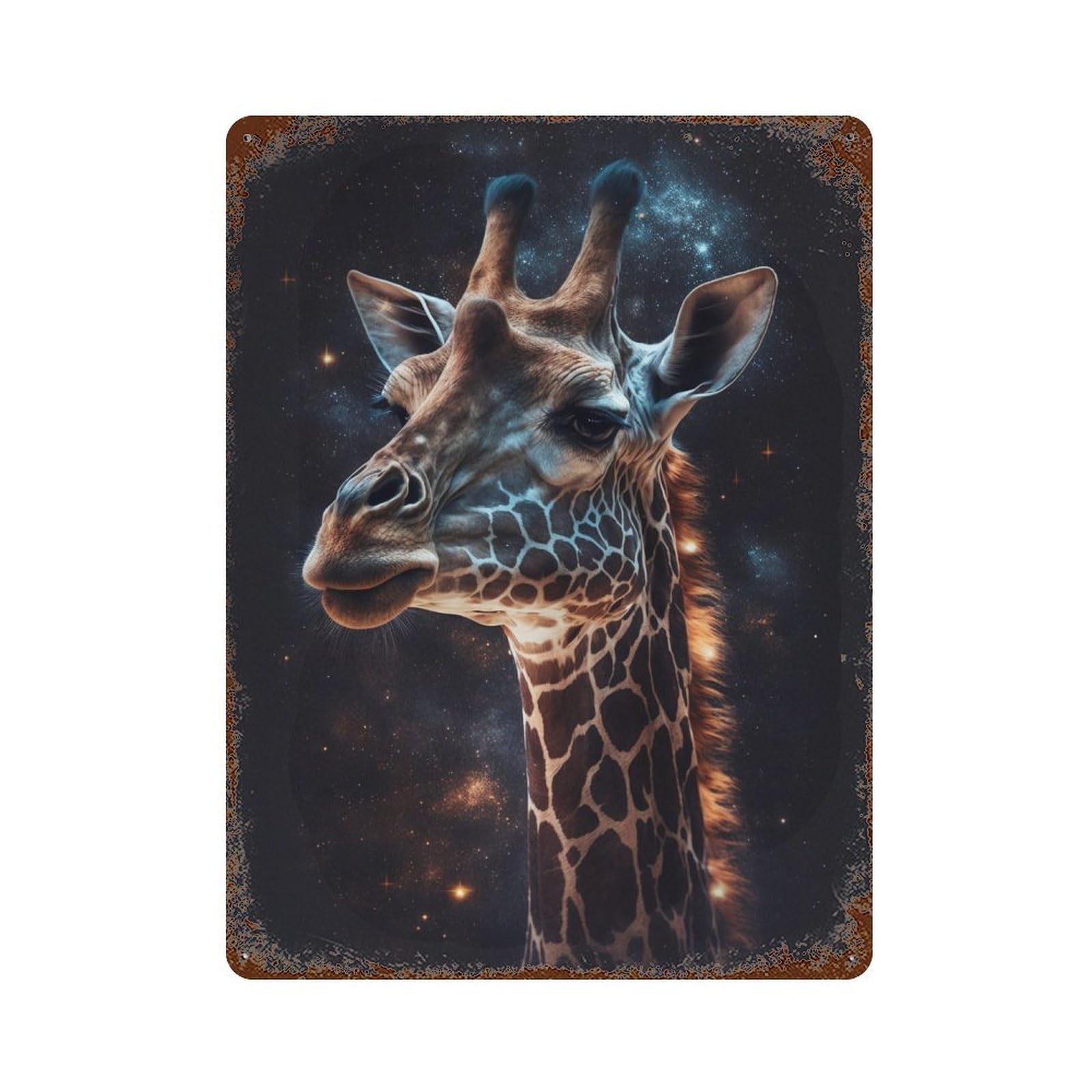Rustic Tin Plaque with Giraffe in Space Design 15.7"x11.8", for Pub, Kitchen And Man Cave Decor, Old School Wall Decor
