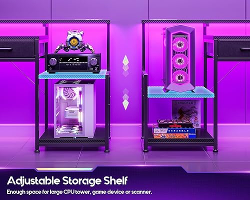 Miniatura 6 de ODK - Escritorio para juegos con luces LED y toma de corriente, escritorio de 55 pulgadas con cajones, escritorio de oficina con estantes de