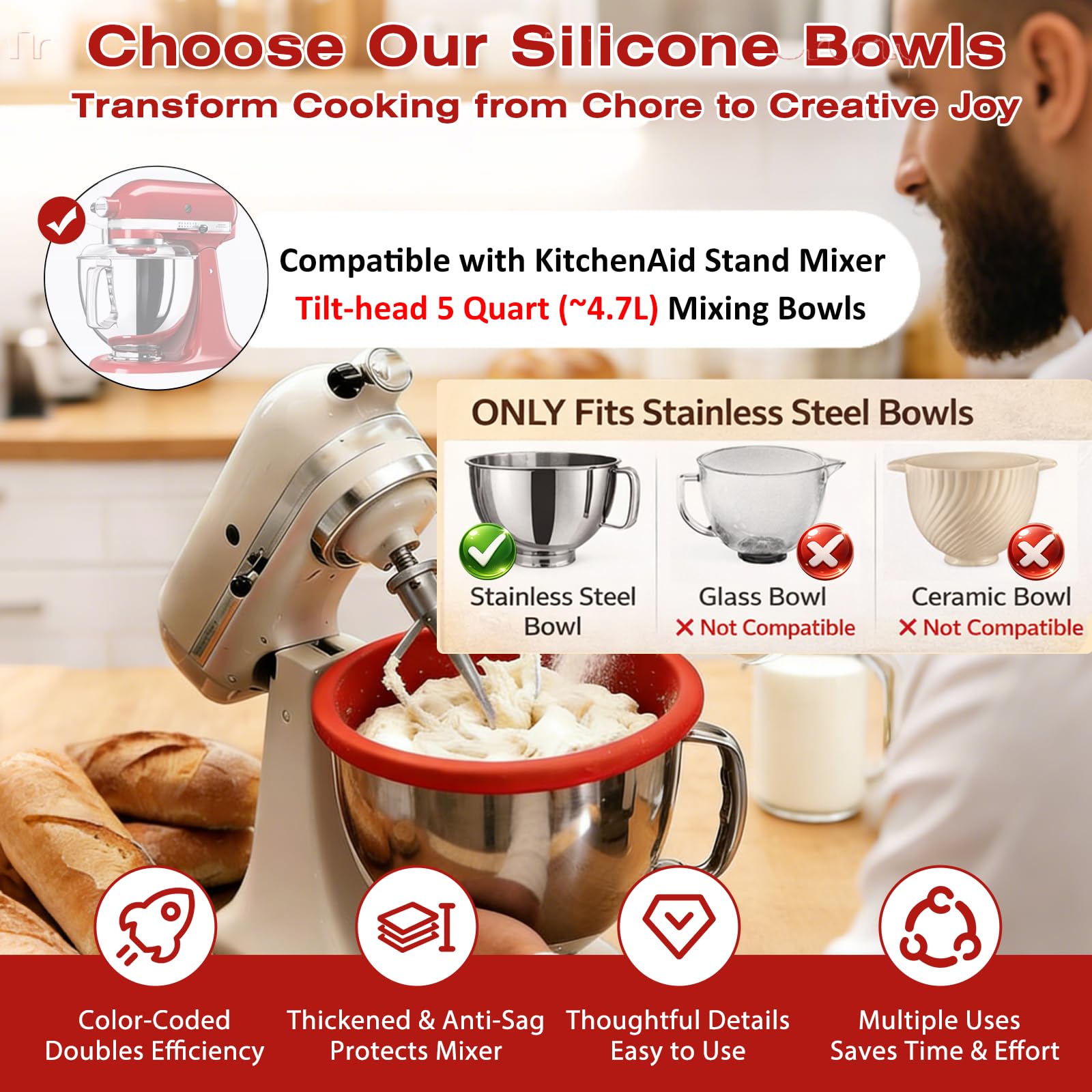 3 Forros de Silicona para Batidora, Compatibles con Kitchenaid Accesorios, Bol de 5 Qt con Tapa, Insertos de Silicona para Batidora, Antidesplome Reforzado, Apilables, para Hornear/Cocinar