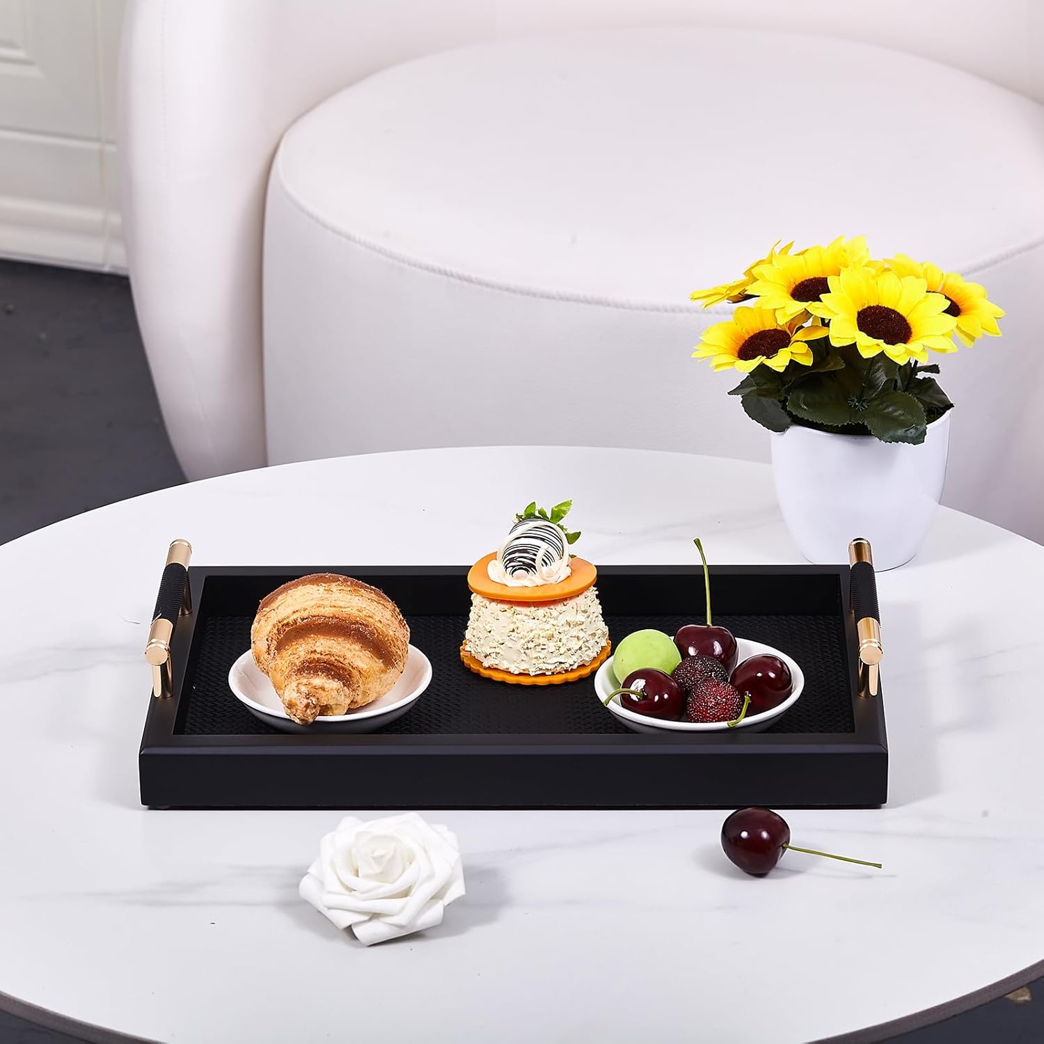 Black Leather Serving Tray Rectangle Platter with Gold Metal Handles for Tea, Food, Kitchen, Butler Tray, Coffee Table, Breakfast - Small