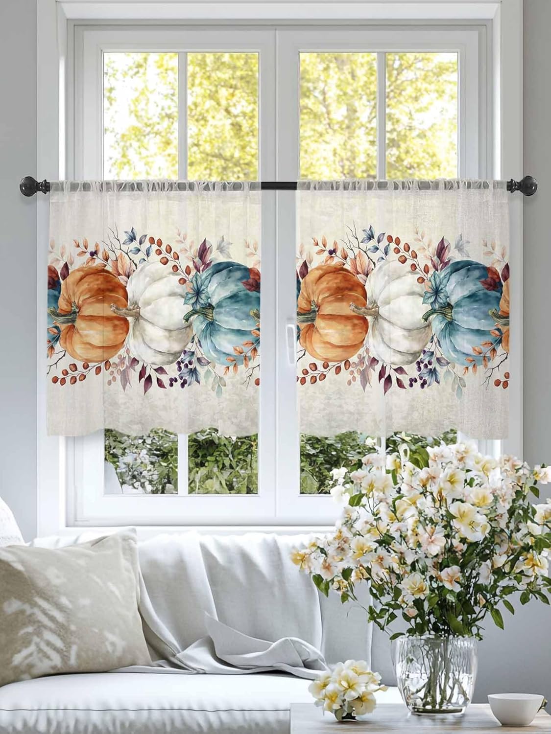 Fall Sheer Curtains for Living Room Bedroom Orange Bluee Pumpkins Thanksgiving Farmhouse Leaf Sheer Curtains 54 Inch Long 2 Panels Set Light Filtering Curtain Window Treatments Drapes for Dining Room