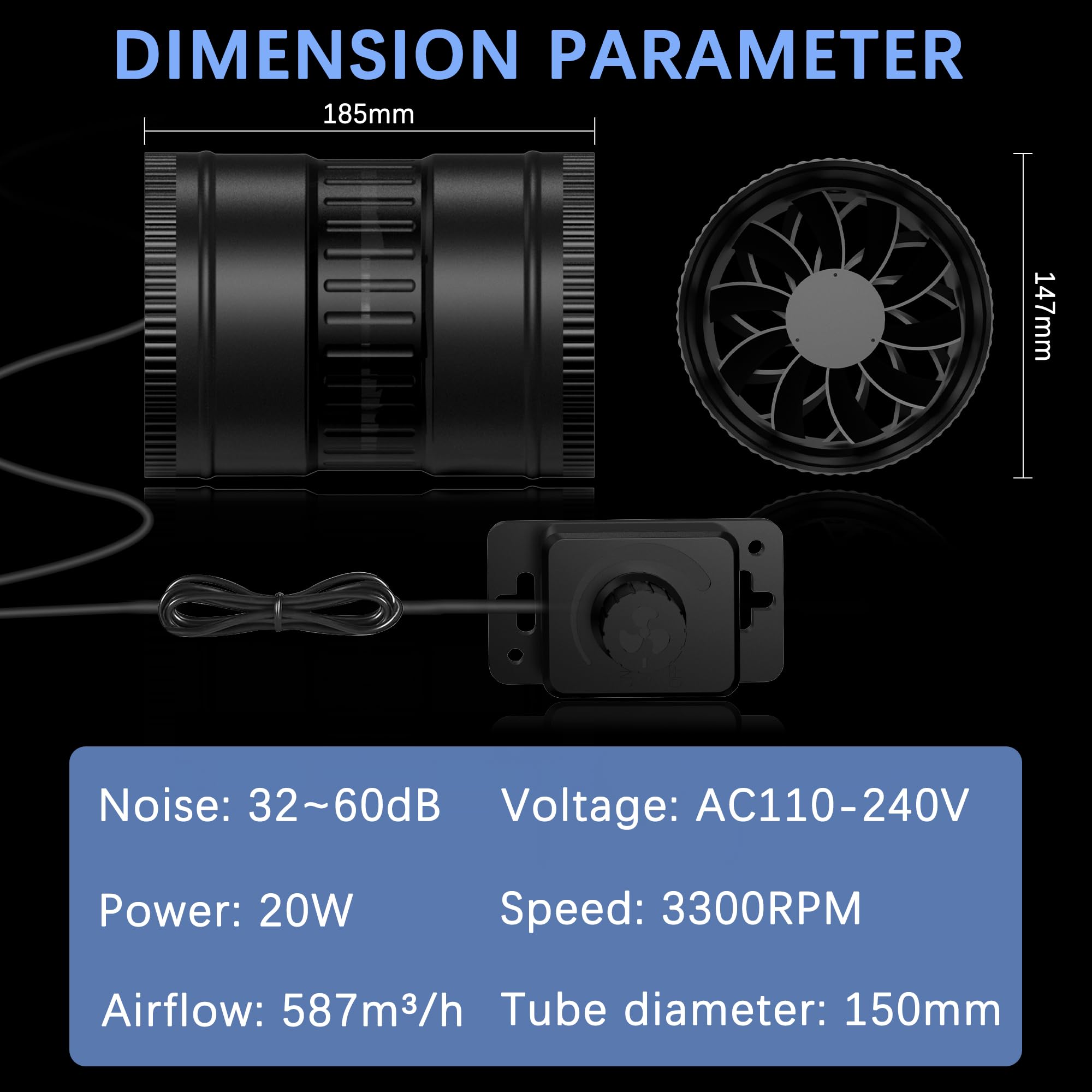 Regelbar Rohrventilator 150mm, Rohrlüfter 587m³/h, Abluftventilator mit Stecker Upgrade Controller, für Badzimmer, Wintergarten, Gewächshaus, Growzelte,Keller, Garage, Küche.