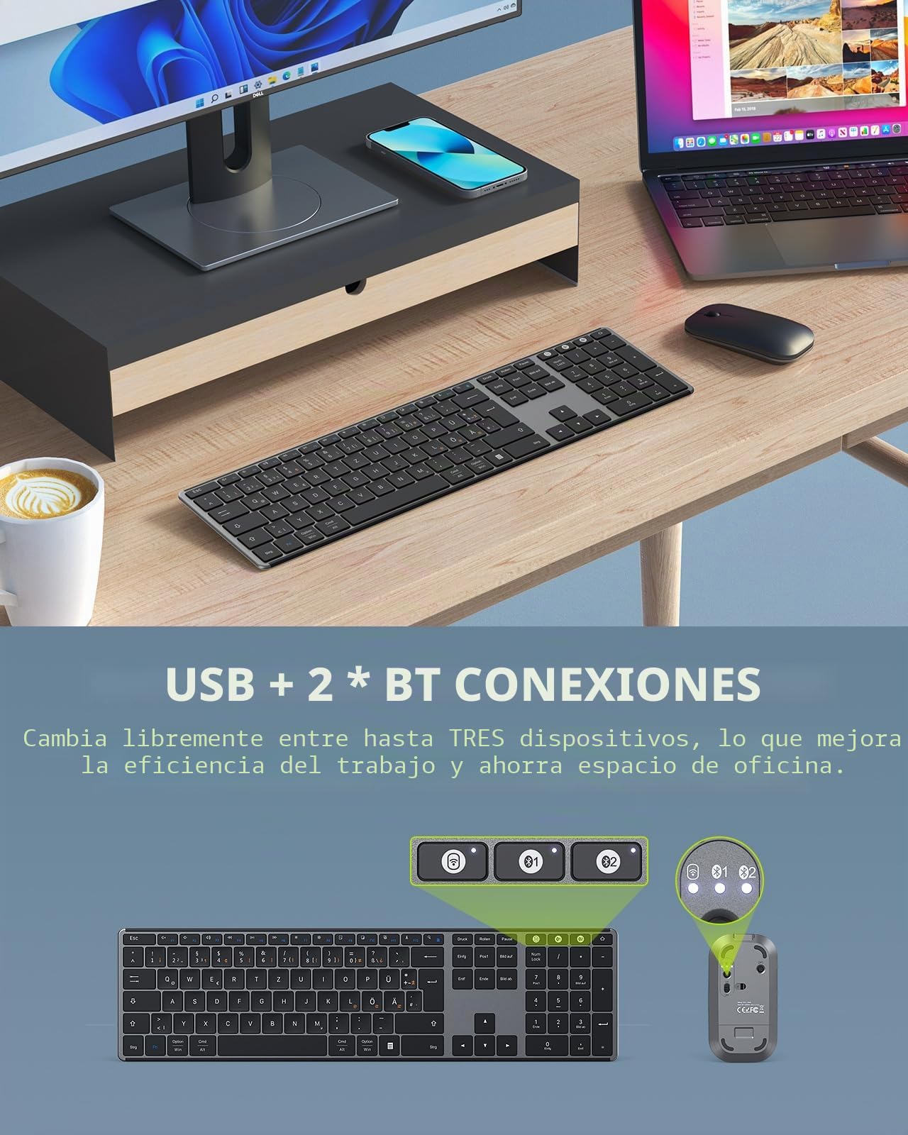 seenda Teclado y ratón inalámbricos, multidispositivo, USB y Bluetooth, juego de ratón para PC, teclado inalámbrico recargable ultrafino con ratón para Windows/Mac OS/Android, diseño QWERTZ (gris)