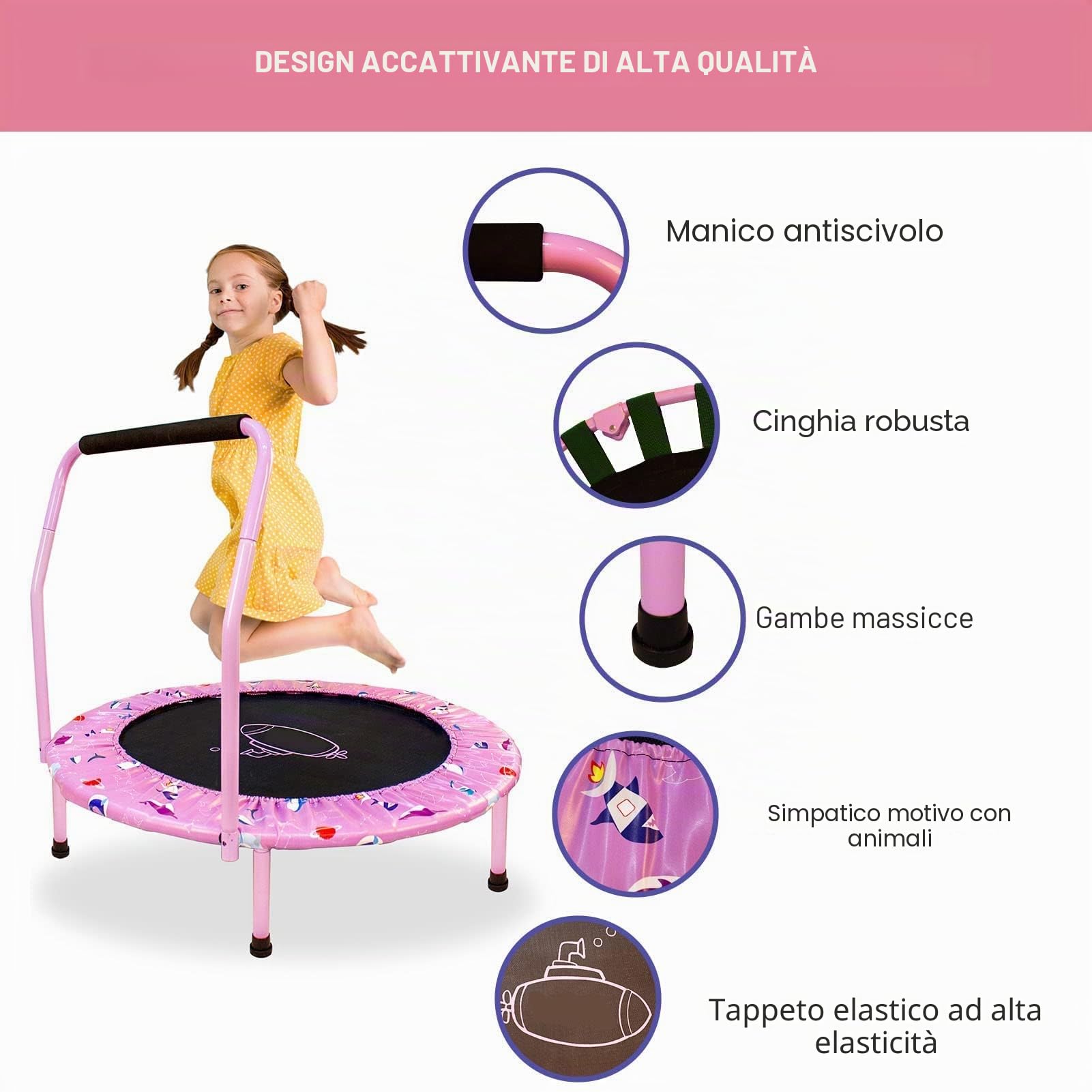 Trampolino per Bambini, ø96cm Mini Trampolino Pieghevole per Bambini con Manico Copertura Protettiva di Sicurezza Tappetino per Saltare per Interni