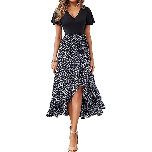 BTFBM Women Summer Long Dresses 2023 Short Sleeve V Neck Boho Floral Print Tie Waist High Low Ruffle Cocktail Maxi Dress(Leopard Black Brown, Small)