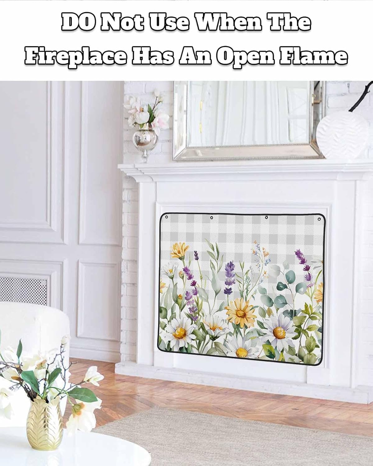 Magnetic Fireplace Cover Spring Floral Fireplace Screen Decorative Green Leaves Daisy Flower Grey Plaid Insulation Fireplaces Blocker Save Energy Fireplaces Draft Stopper Covers for Living Room 36x30