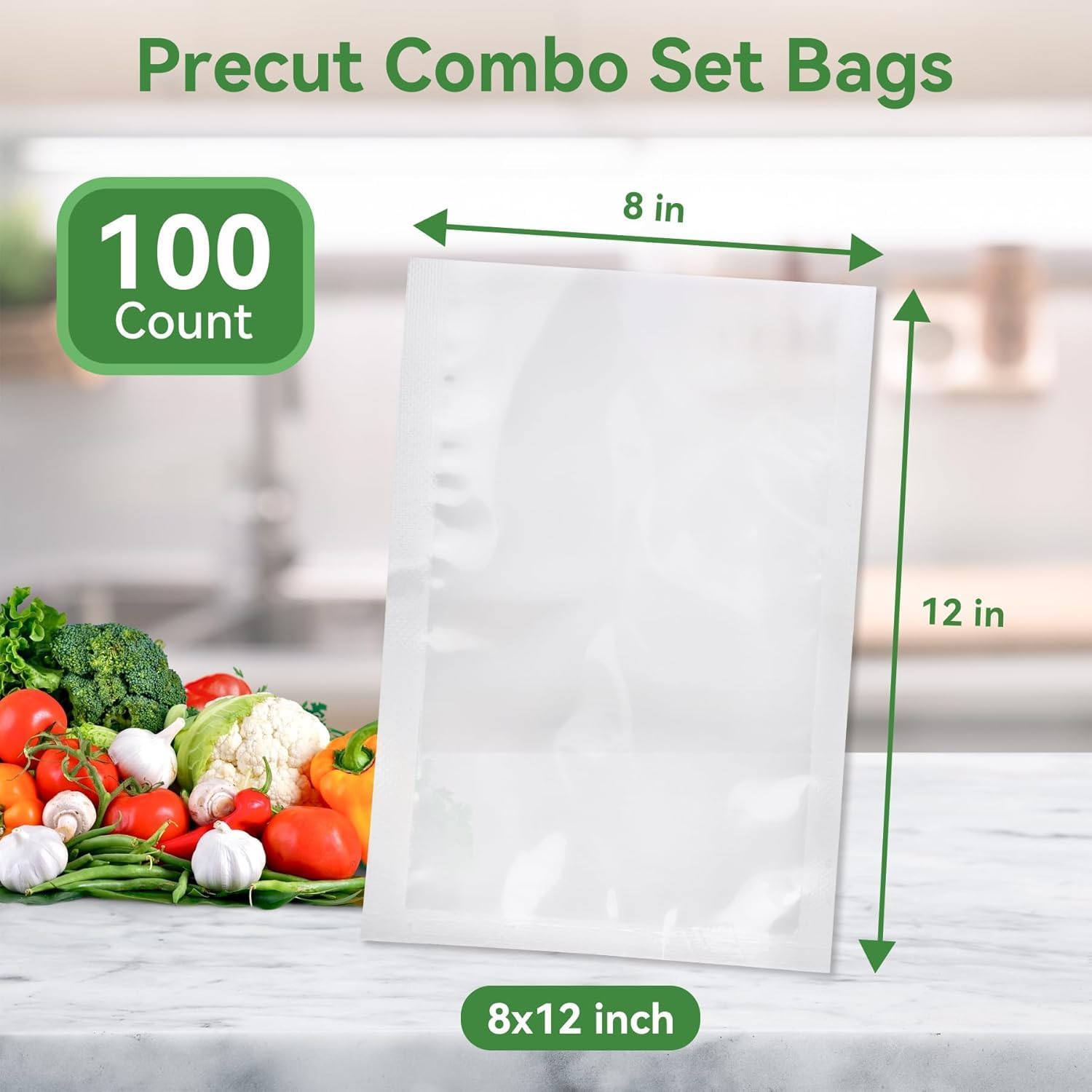 Vaccum Sealer Bag with BPA Free, 8"×12" 100 Pack for Pre-Cut Vacuum Sealer for Food Bags, Commercial Grade Vacuum Food Storage Bags for Sous Vide Freezer Vac Storage Meal Prep