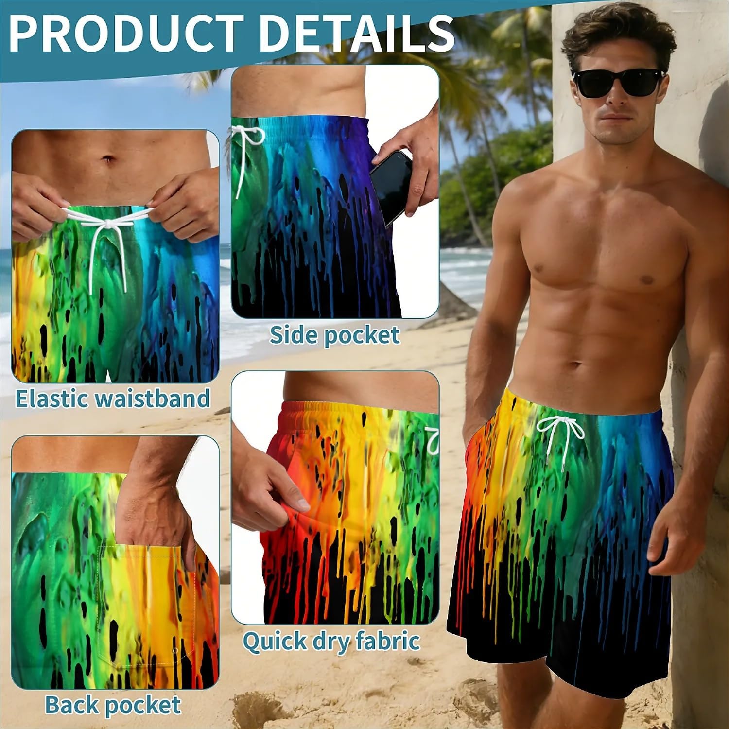 Black Rainbow Paint Men's Swim Trunks Quick Dry Bathing Mesh Lining Suit Swimsuits Beach Shorts with Pockets