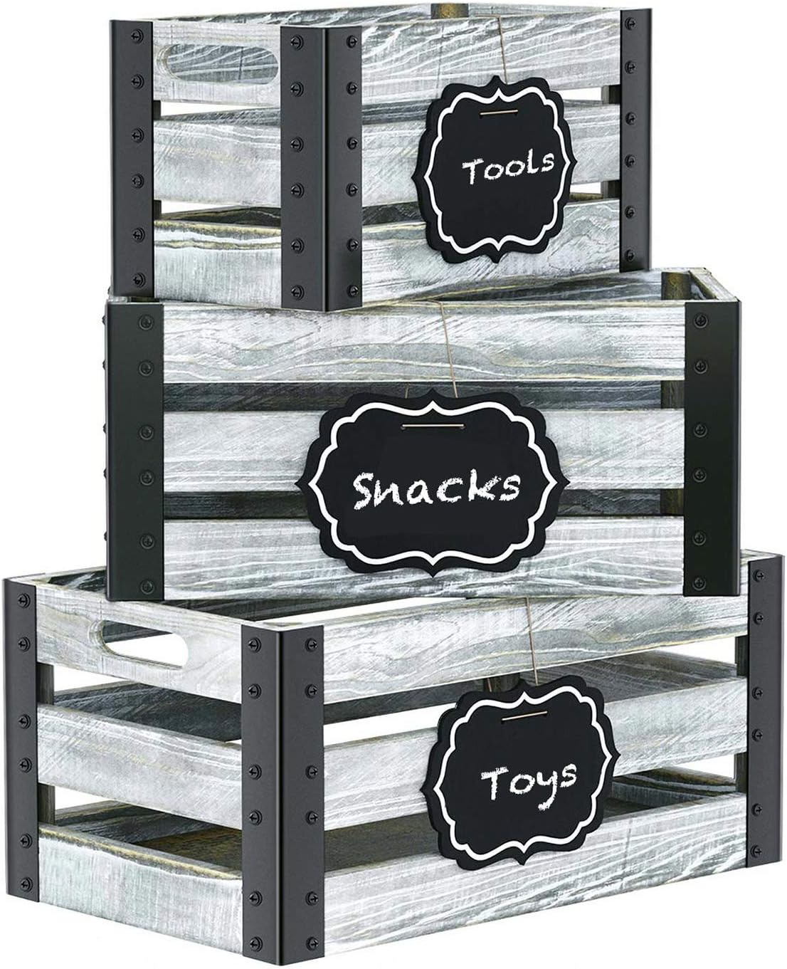GREENSTELL Storage Crates, Wooden Nesting Crates with Handles & Hanging Chalkboard Decorative Display Wall Mounted Rustic Accent Crate Box for Party, Office, Bedroom, Kitchen, Closet Set of 3 Grey