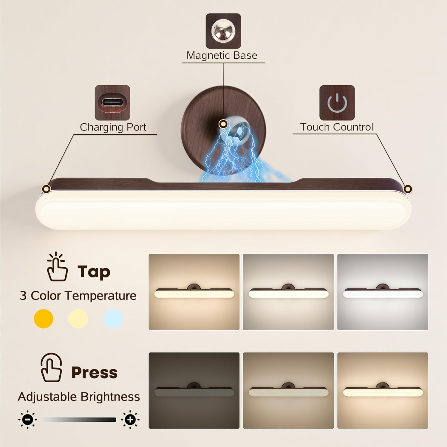 2 Pcs Vanity Makeup Lights for Bathroom, Wireless Wood Grain Rechargeable LED Stick on Light Bar for Mirror, Tunable 3 Color Temperature 4000 mAH Battery Life Lighting for Vanity(Deep Brown)