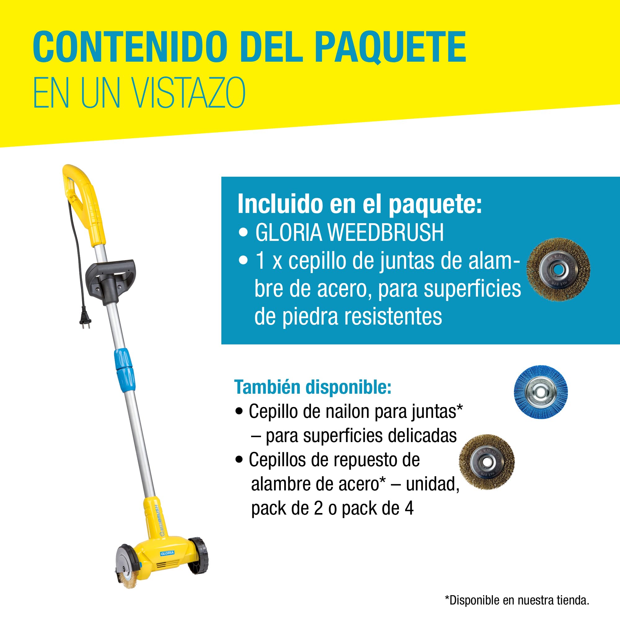 GLORIA Rascador de Juntas Eléctrico WeedBrush | Cepillo para Malezas 230V | A cavo 230V | Limpieza de juntas de terrazas y adoquines | Mango ergonómico ajustable | Incluye cepillo de alambre de acero