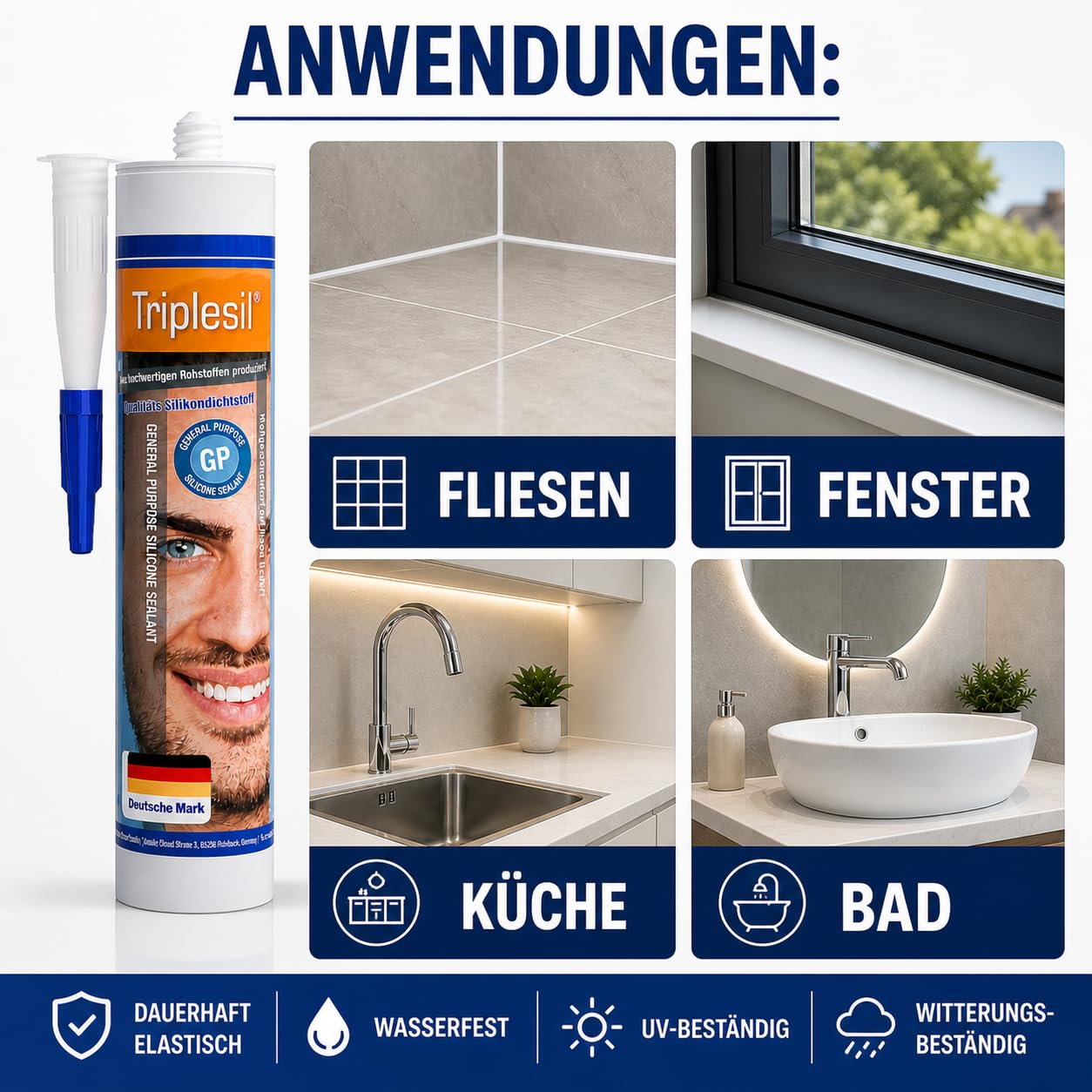 Triplesil Premium Silikon Dichtstoff – 1 ×310 ml Sanitärsilikon für fenster, Bad & Küche –Wasserbeständig–zum Abdichten-DIY Dichtmasse Innen & außenbereich (1x Transparent)