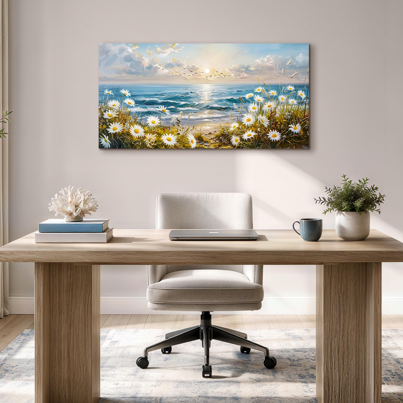 SERIMINO Aesthetic Wandbild Meer Wildblume Bilder Wohnzimmer 59x119 cm | Gänseblümchen Meer Wanddeko Hochauflösender Druck Stabiler Holzrahmen Geschützte Leinwand Einfache Montage Vielseitig Nutzbar