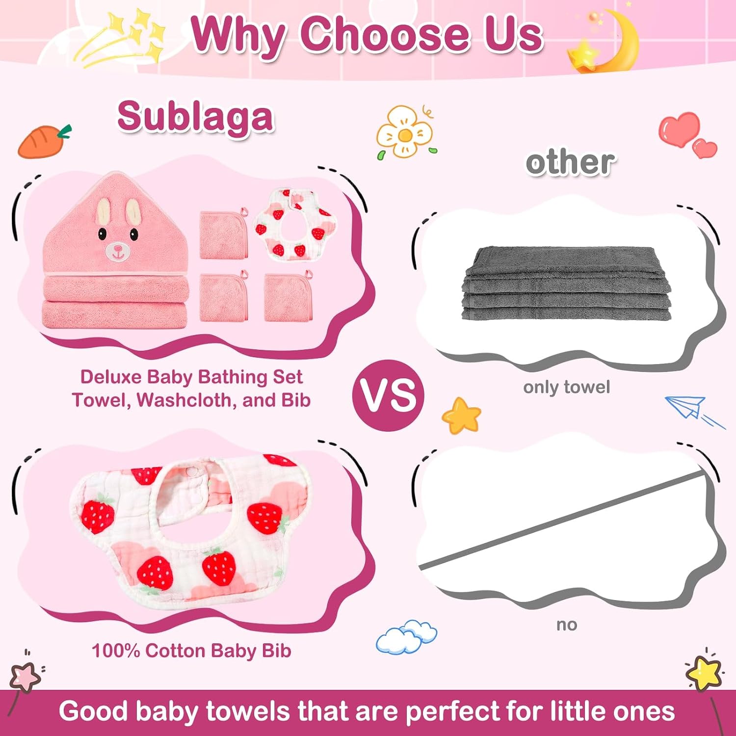 Sublaga 5 Pcs Baby Towels Set, 32×32 in Hooded Bath Towel, 3 Pcs Baby Washcloths and Muslin Baby Bibs for Newborns, Toddlers, and Kids, Baby Towels and Washcloths Set for Boys and Girls (Pink Rabbit)