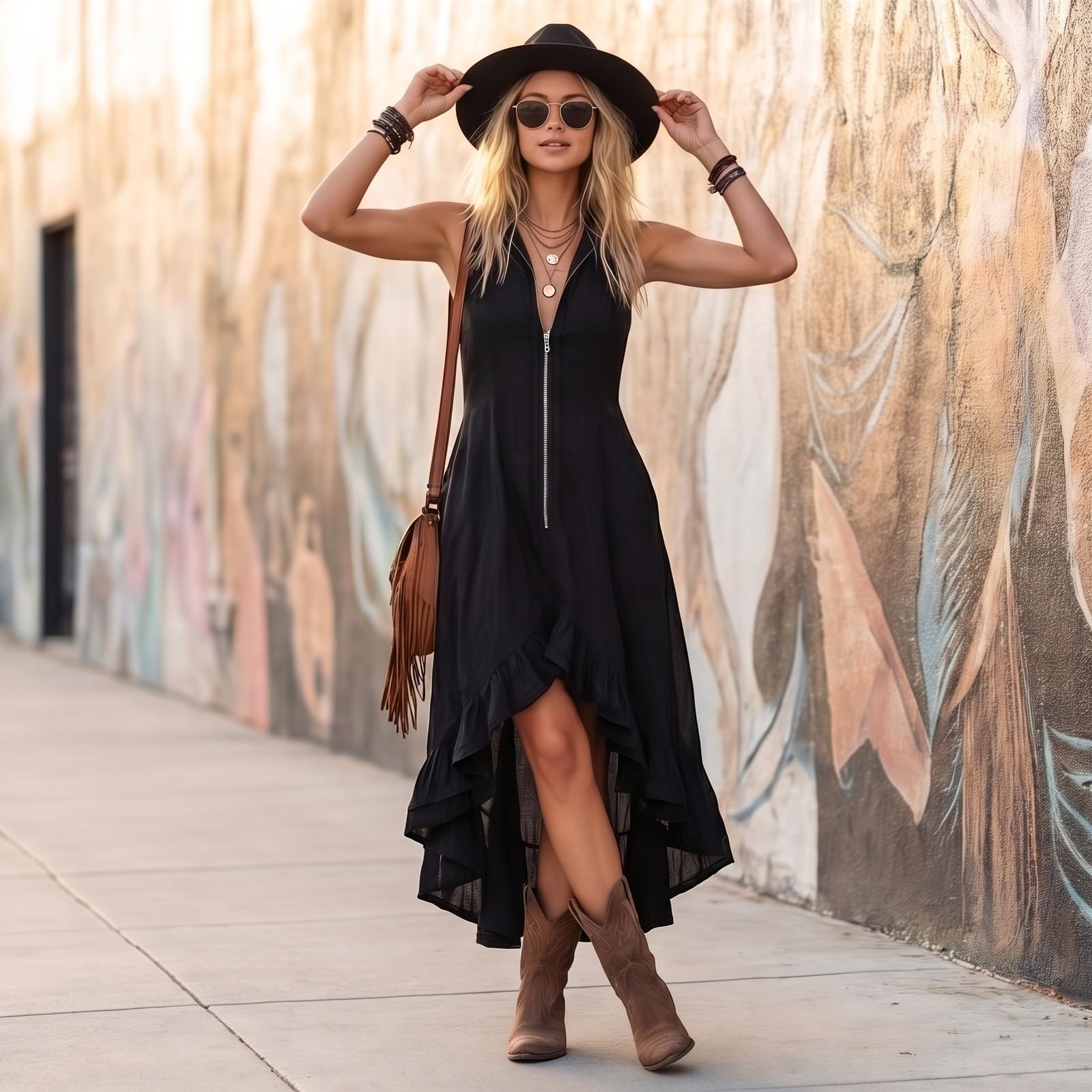 Vestido Asimétrico De Lino para Mujer con En V Mangas Volante Frontal Y