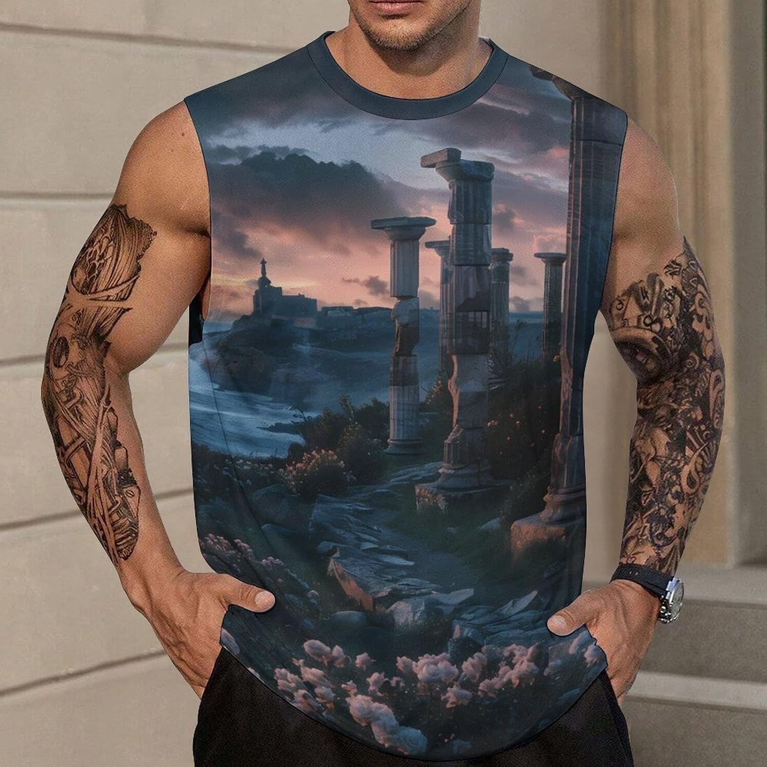 Ancient Greek Ruins Men Summer Sleeveless Crew Neck Top 5XL