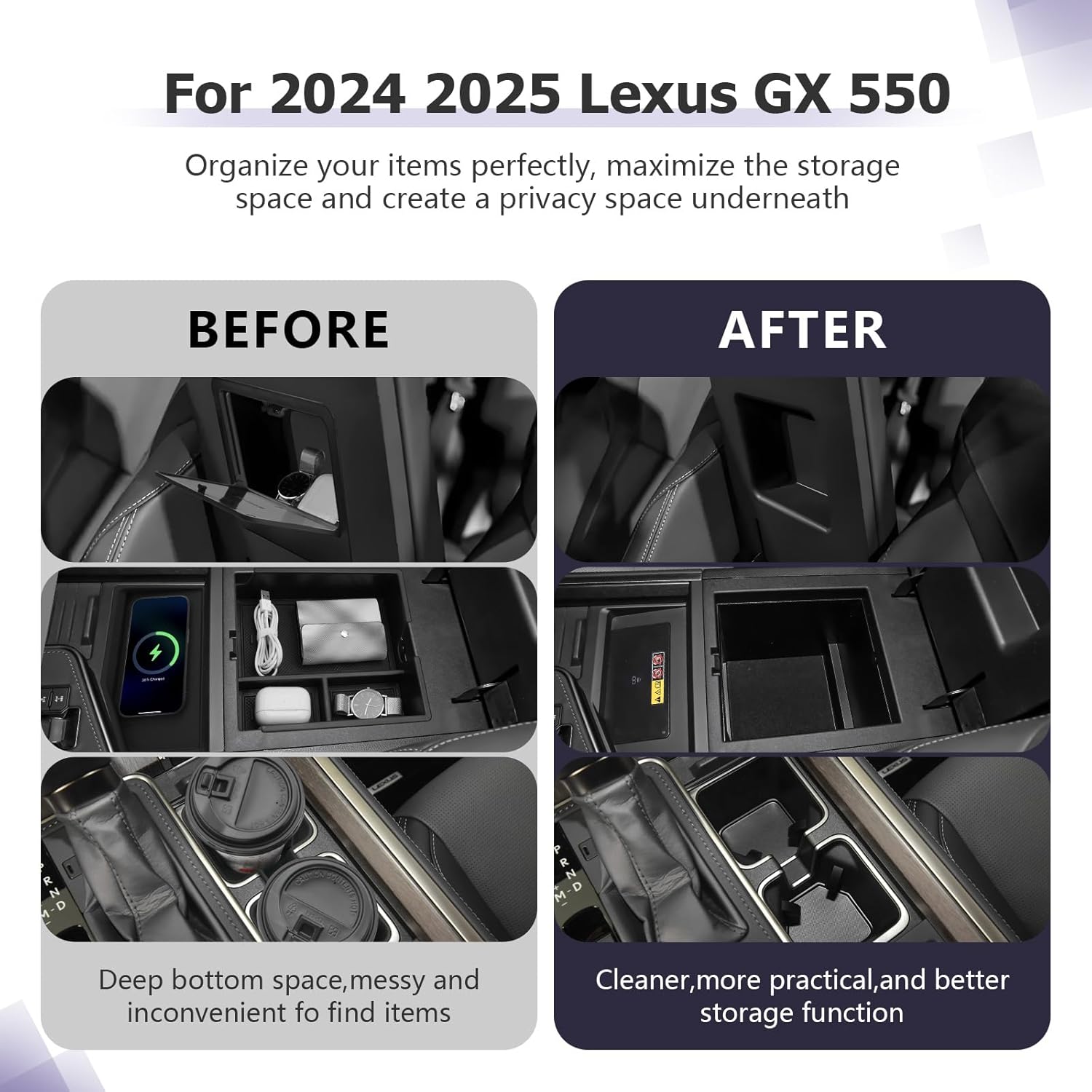 LUWU Center Console Organizer for 2024 2025 Lexus GX 550 Accessories Hidden Box,Armrest Storage Box,Charging Protective Mat,Center Console Cup Holder GX550 Accessories 4-Pack (NOT FIT COOL BOX)